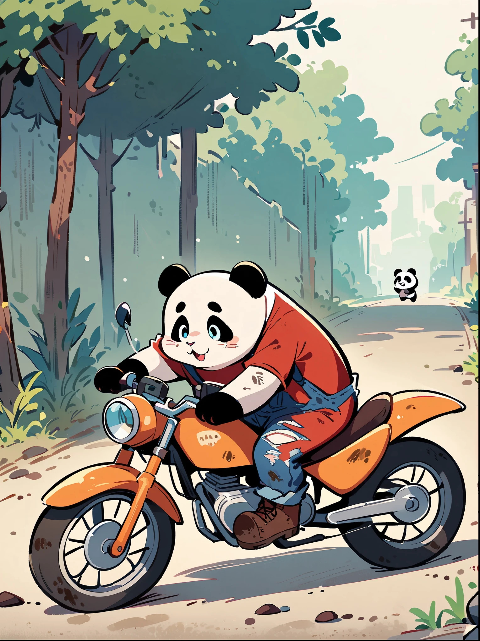 cartoon illustration，simple，Depicting an anthropomorphic panda，Dirty，eyes dull，Listless，Malaise，decadent，exaggerated expression，Loose ripped denim ripped overalls overalls，red top，Tattered leather shoes，Riding a dirt bike，Driving on the long road，many plants around，Secluded surroundings，correct human anatomy