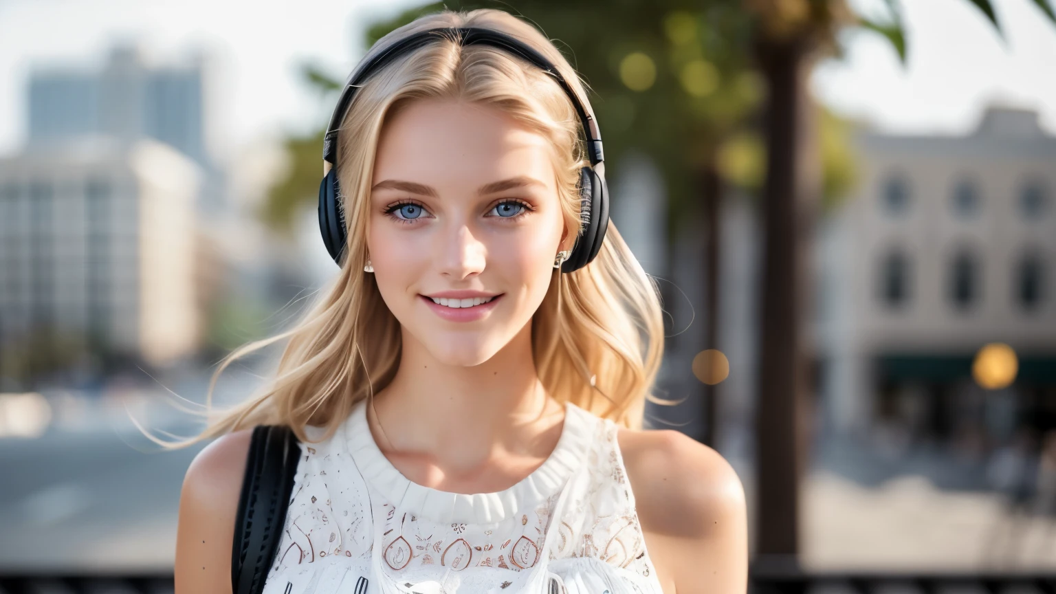 beautiful 18yo american supermodel walking, smiling, looking at viewer, slender figure, blonde, detailed face, realistic eyes, detailed eyes, facing straight at camera, fujifilm xt3, wearing AirPods, (headphone)