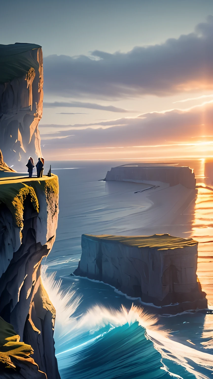 Cliffs by the sea,Part of it was frozen by magic,magic circle,light wave