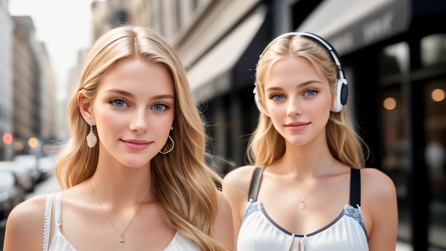 beautiful 18yo american supermodels walking, smiling, looking at viewer, slender figure, blonde, detailed face, realistic eyes, detailed eyes, facing straight at camera, fujifilm xt3, wearing AirPods, (headphone), (headphone), (smile), (smile)