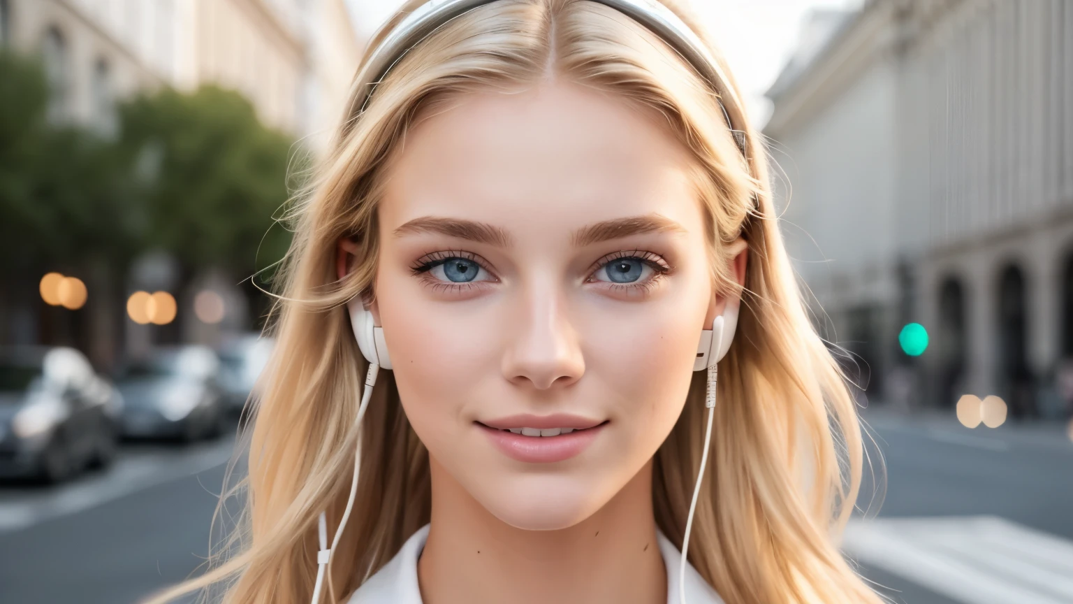 beautiful 18yo american supermodel walking, smiling, looking at viewer, slender figure, blonde, detailed face, realistic eyes, detailed eyes, facing straight at camera, fujifilm xt3, wearing AirPods, (headphone)