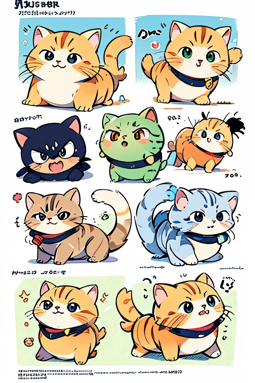 Cartoon cute cat drawing,different body movements and expressions,diferent colour , high quality, style playful composition, concept art, high resolution, playful expressions,,anime style, happy, angry, surprised, miniature core, painted illustration, silver and amber