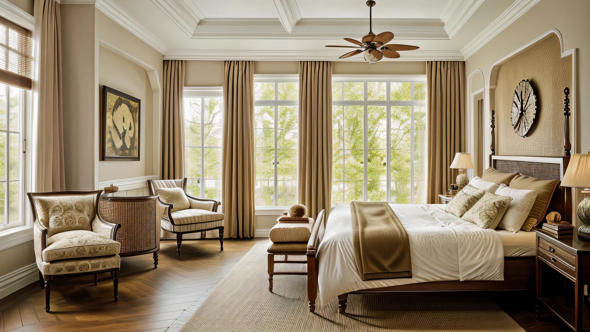 A 25-year-old woman with chestnut brown hair and honey highlights, ((pequenas trenzas)), ((hiperrealista)), ((detallada)), reclining on a plush velvet chair in the middle of a luxurious bedroom. The room is decorated with a harmonious blend of modern and vintage elements: a four-poster bed with crisp white linens, a vintage rug on the wooden floor, and trendy artwork adorning the walls. The warm lighting casts an inviting glow, creating a cozy and serene atmosphere.

The bedroom design is a testament to sophistication and elegance. The color palette is muted, dominated by shades of be