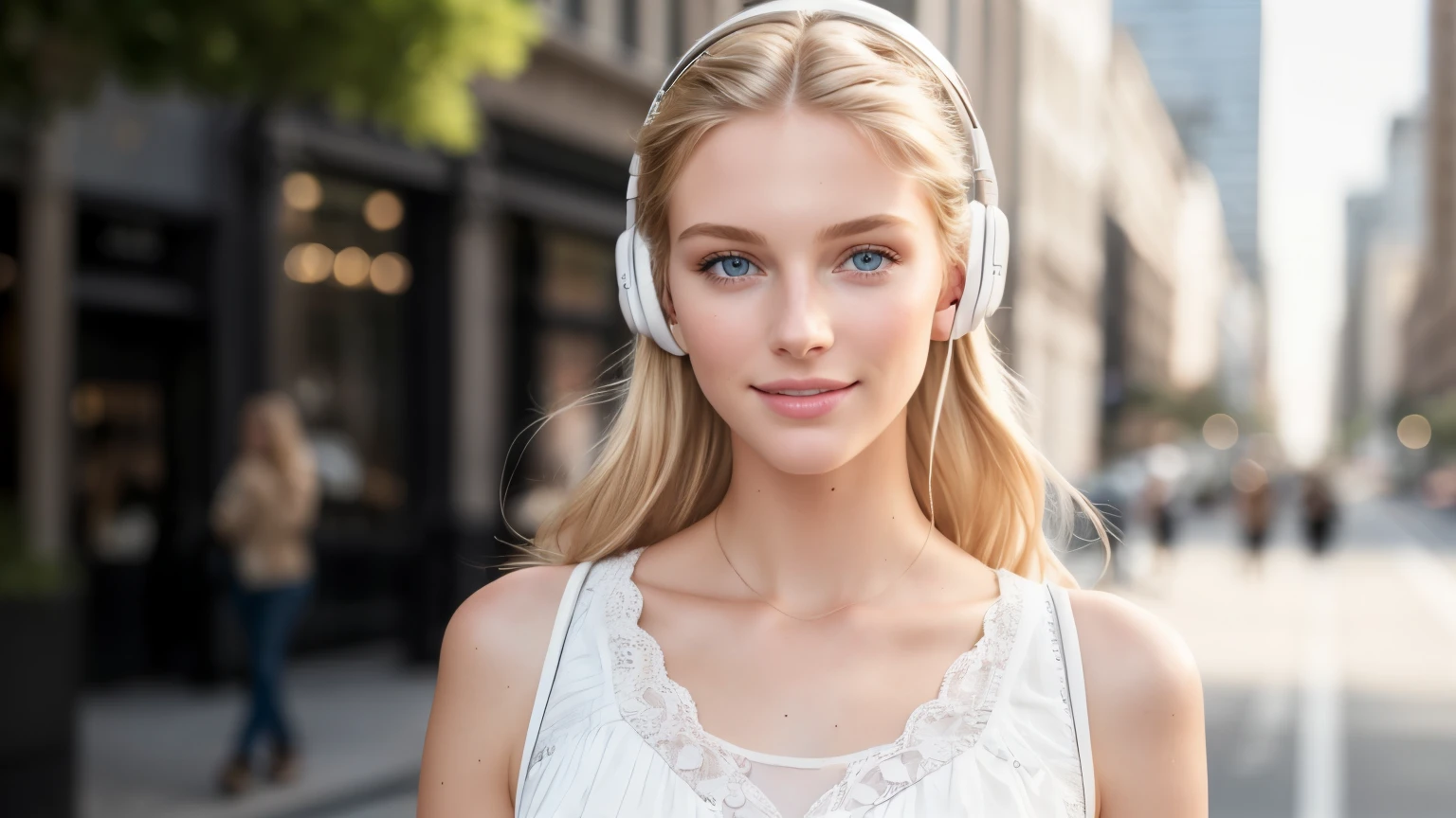 beautiful 18yo american supermodel walking, smiling, looking at viewer, slender figure, blonde, detailed face, realistic eyes, detailed eyes, facing straight at camera, fujifilm xt3, wearing AirPods, (headphone)