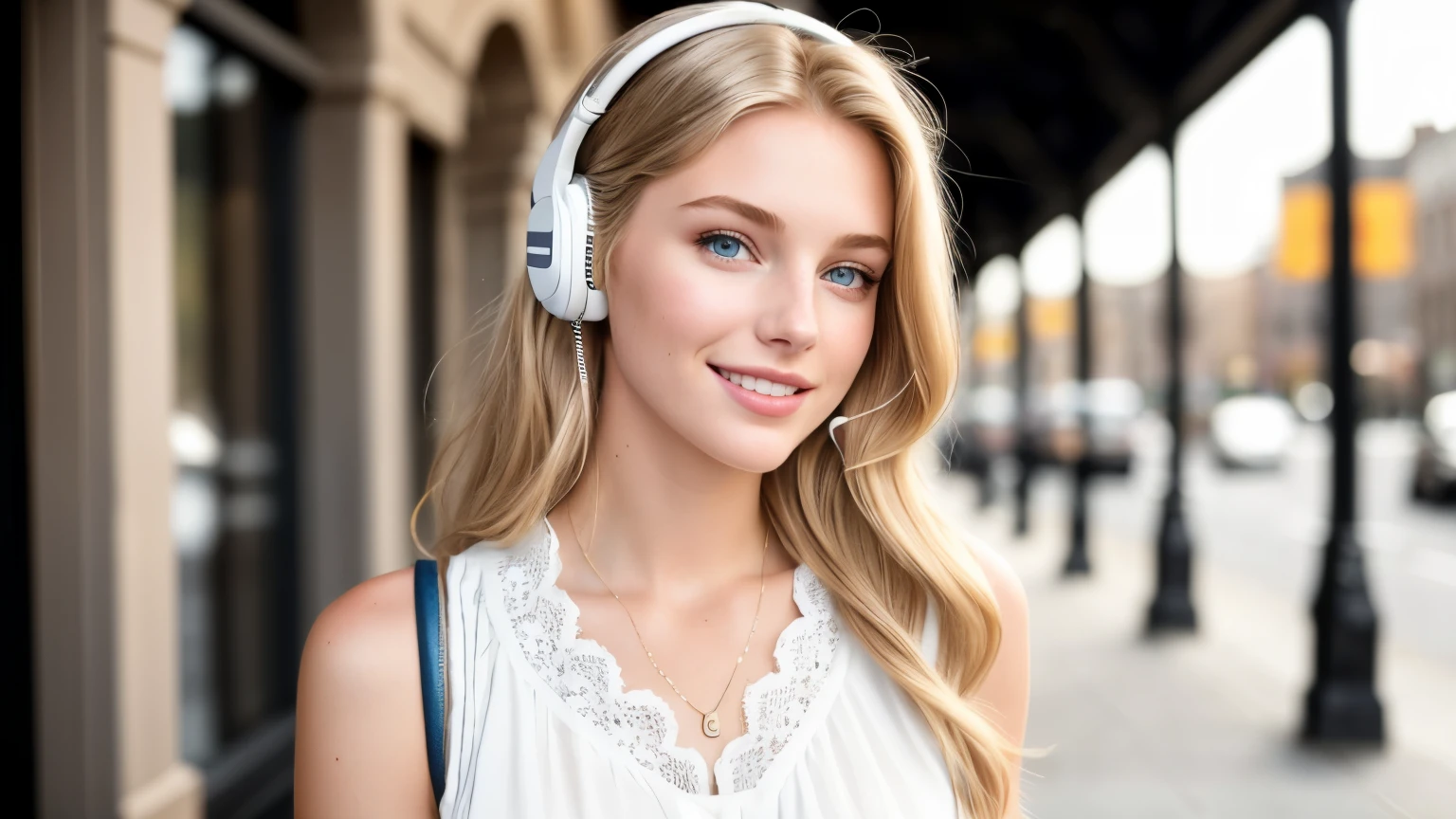 beautiful 18yo american supermodel walking, smiling, looking at viewer, slender figure, blonde, detailed face, realistic eyes, detailed eyes, facing straight at camera, fujifilm xt3, wearing AirPods, (headphone), Girls