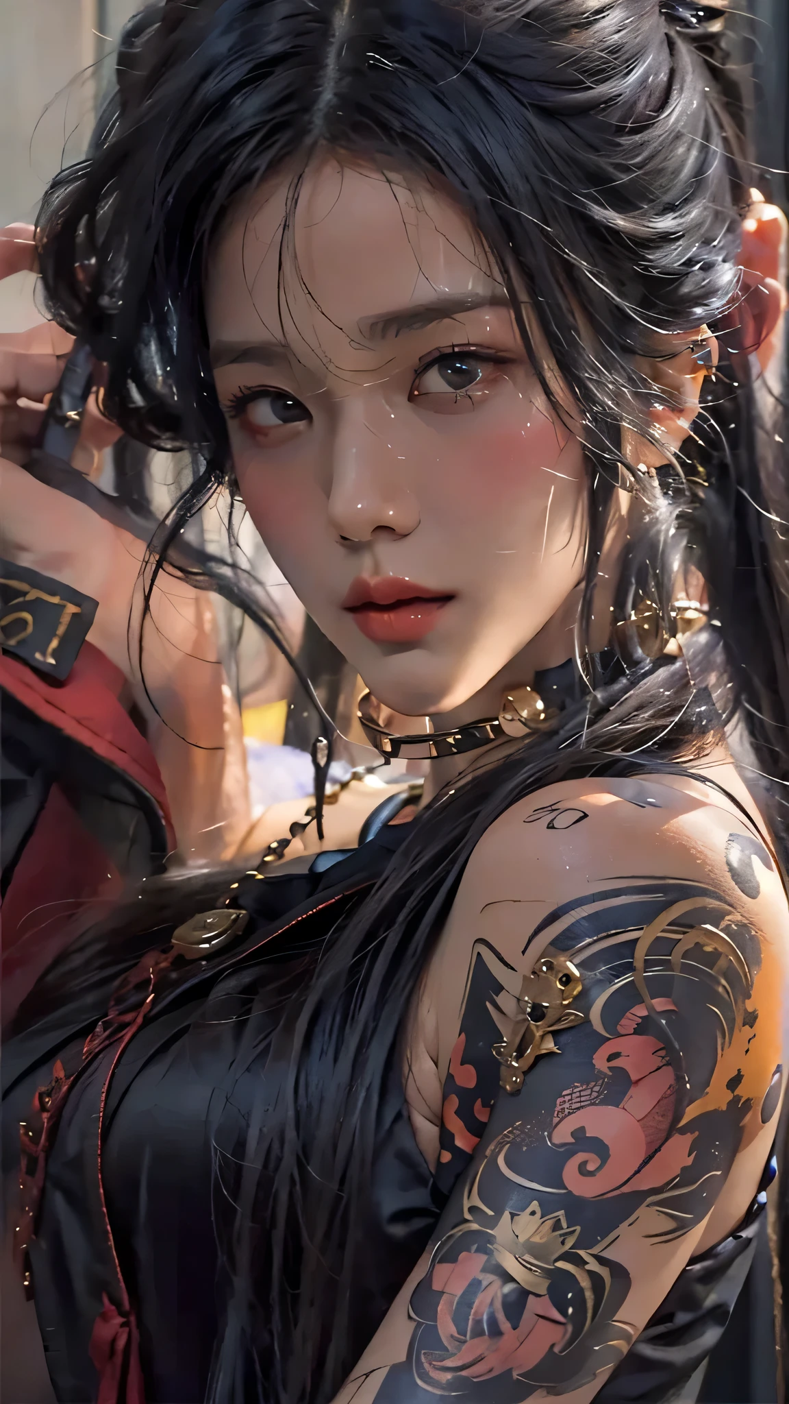 RAW, masterpiece, super fine photo, best quality, super high resolution, realistic, sunlight, a beautiful woman with yellow rune paper on her face, many yellow Taoist rune paper pasted on her body, worn cheongsam, female zombie, Hong Kong Lin Zhengying zombie movie character, cyan skin, fair skin, amazing beauty, dynamic pose, delicate face, abandoned warehouse background, messy, gorgeous, high detail skin, realistic skin details, sharp focus, volumetric light, 8k UHD, DSLR, high quality, film grain, Realism, lomography