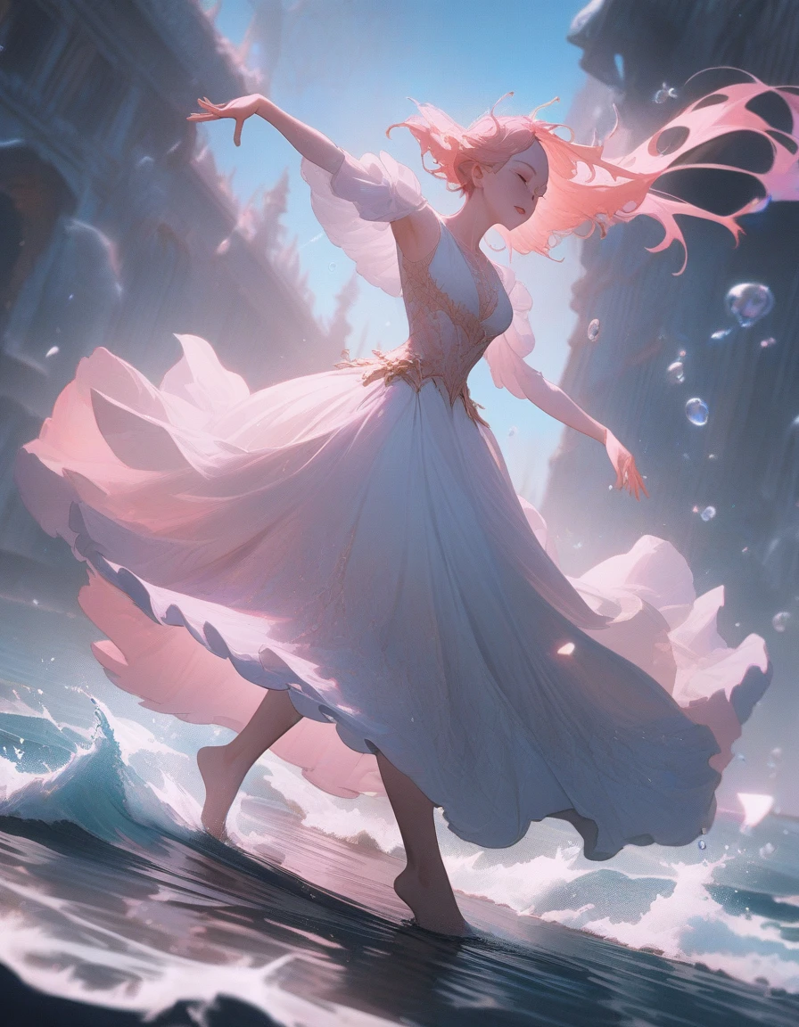 1girl, People Dancing on the Sea Surface, aesthetic, extremely detailed, masterpiece, best quality, very aesthetic, absurdres,(best quality,4k,8k,highres,masterpiece:1.2),ultra-detailed,people dancing on the sea surface, Gerald Brom and Zdzisław Beksiński inspired, surrealistic, vibrant colors, dynamic lighting,crashing waves,windswept hair, shimmering water,reflection on the sea,joyful movement,fluid and graceful dance, mesmerizing poses, subtly flowing dresses, captivating expressions, ethereal atmosphere,whimsical and dreamlike scenery, intricate patterns and textures, dramatic contrast, powerful emotions, fascinating interaction with the sea,fantastical elements blending with reality