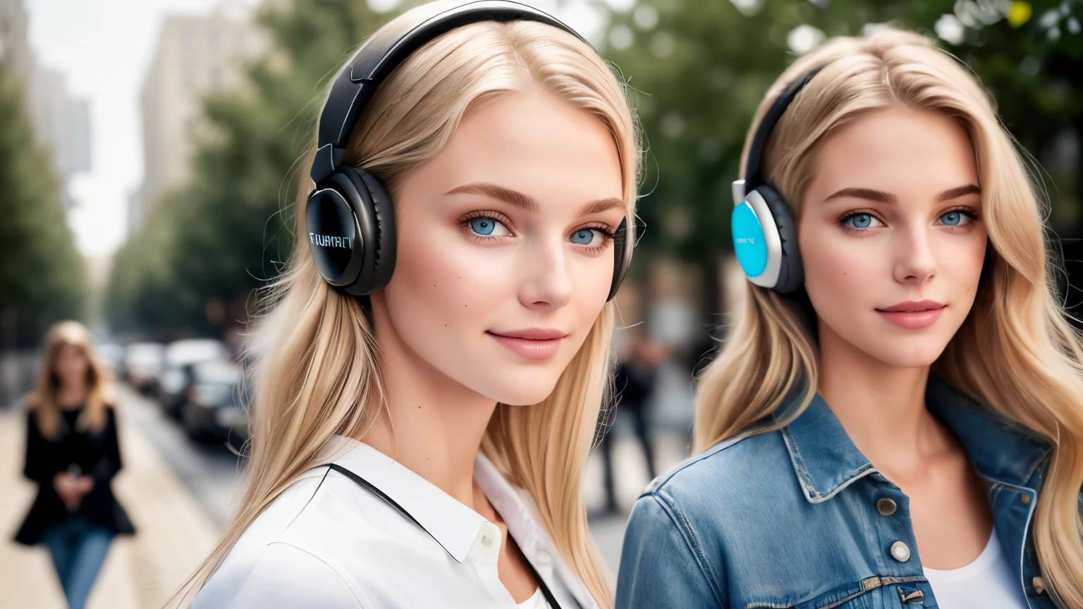 beautiful 18yo american supermodels walking, smiling, looking at viewer, slender figure, blonde, detailed face, realistic eyes, detailed eyes, facing straight at camera, fujifilm xt3, wearing AirPods, (headphone) (headphone)