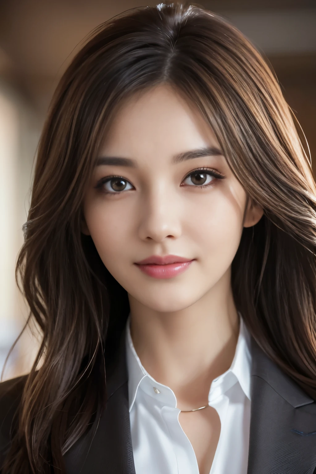 table top, highest quality, realistic, Super detailed, finely, High resolution, 8k wallpaper, 1 beautiful woman,, light brown messy hair, wearing a business suit, sharp focus, perfect dynamic composition, detailed and beautiful eyes, fine hair, Detailed and realistic skin texture, smile, close-up portrait, model body shape