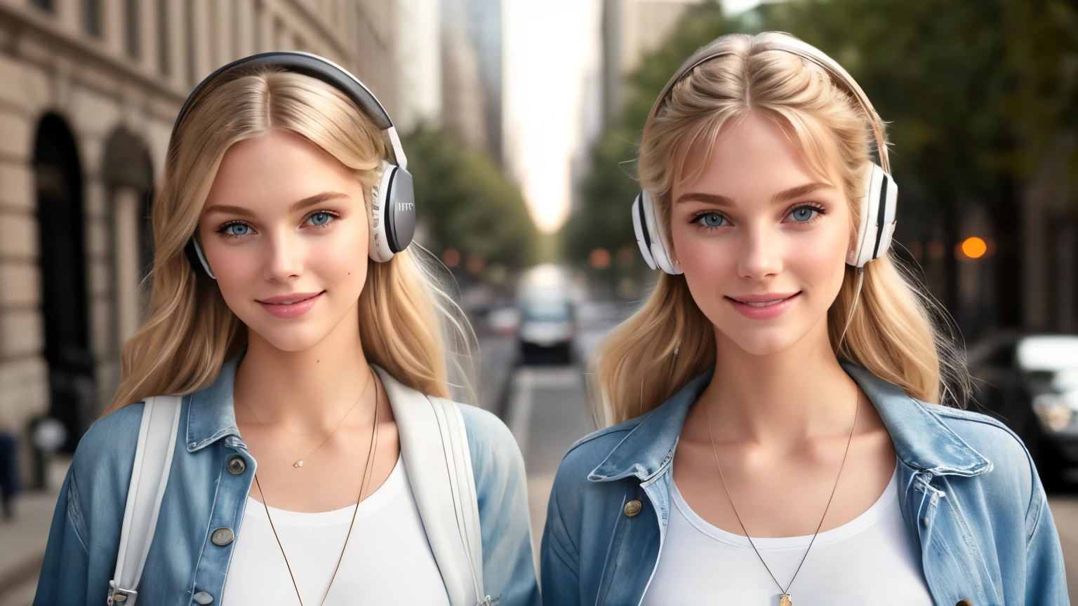 beautiful 18yo american supermodels walking, smiling, looking at viewer, slender figure, blonde, detailed face, realistic eyes, detailed eyes, facing straight at camera, fujifilm xt3, wearing AirPods, (headphone), (headphone), (smile), (smile)