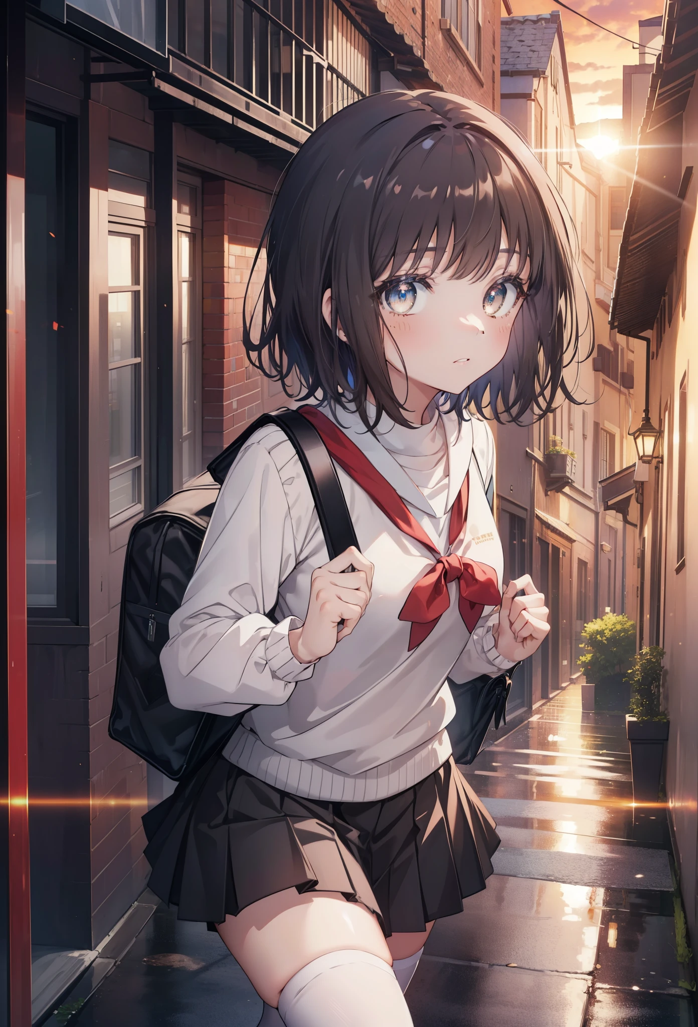 highest quality, masterpiece, High resolution, alone, {Itsuwa_toarumajutsunoindex:1.15}, brown eyes, brown hair, short hair, 1 girl, black hair,  black sailor suit,black pleated skirt,white stockings,brown loafers,walking,student bag,evening,sunset,In town,building street,(masterpiece:1.2), highest quality, High resolution, unity 8k wallpaper, (shape:0.8), (beautiful and detailed eyes:1.6), highly detailed face, perfect lighting, Very detailed CG, (perfect hands, perfect anatomy),