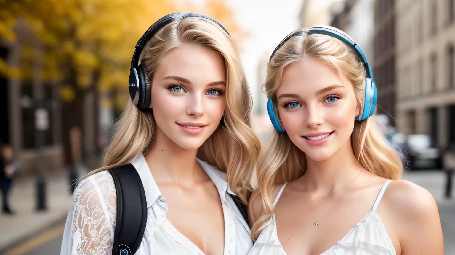 beautiful 18yo american supermodels walking, smiling, looking at viewer, slender figure, blonde, detailed face, realistic eyes, detailed eyes, facing straight at camera, fujifilm xt3, wearing AirPods, (headphone), (headphone), (smile), (smile)
