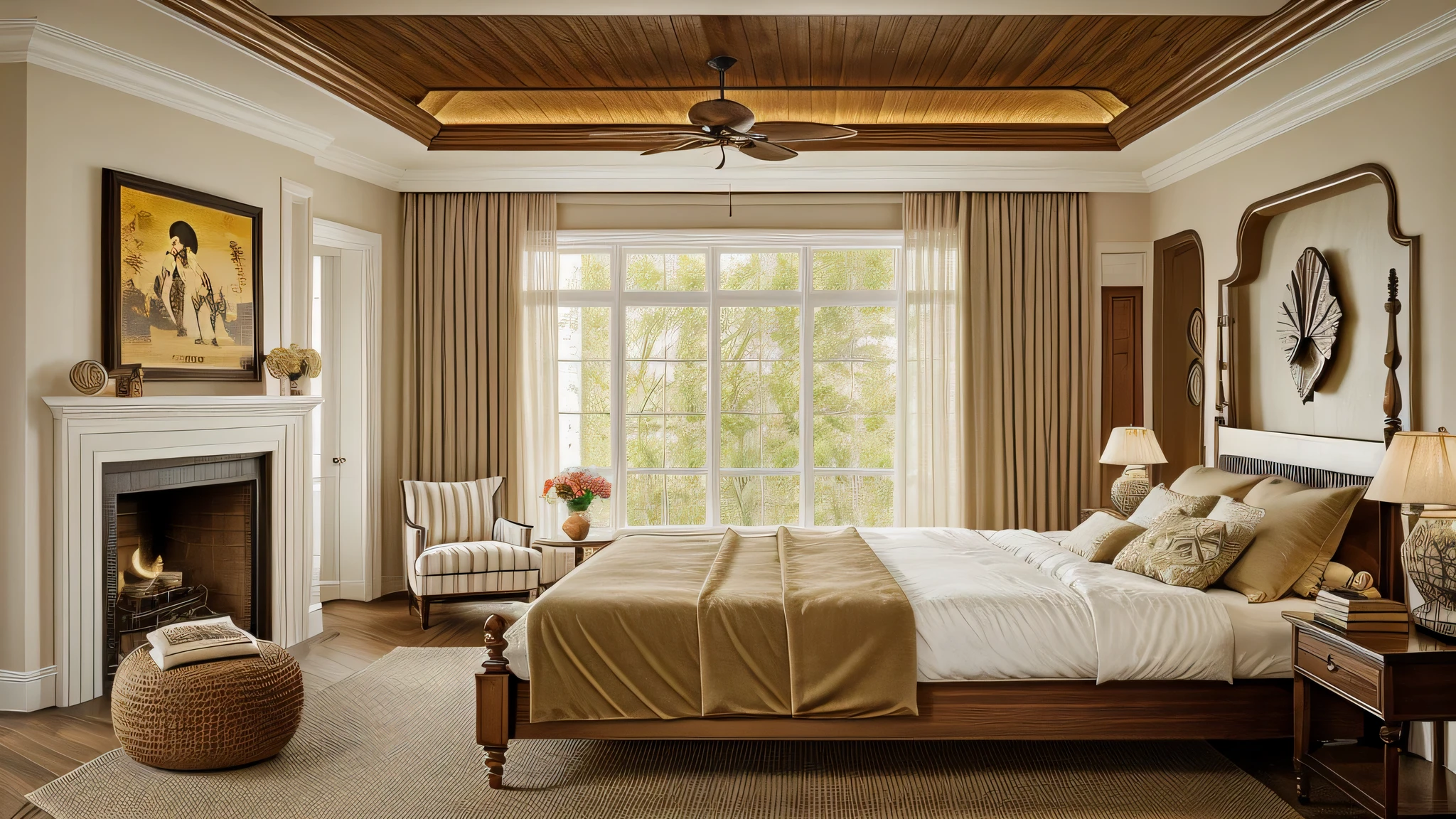 A 25-year-old woman with chestnut brown hair and honey highlights, ((pequenas trenzas)), ((hiperrealista)), ((detallada)), reclining on a plush velvet chair in the middle of a luxurious bedroom. The room is decorated with a harmonious blend of modern and vintage elements: a four-poster bed with crisp white linens, a vintage rug on the wooden floor, and trendy artwork adorning the walls. The warm lighting casts an inviting glow, creating a cozy and serene atmosphere.

The bedroom design is a testament to sophistication and elegance. The color palette is muted, dominated by shades of be