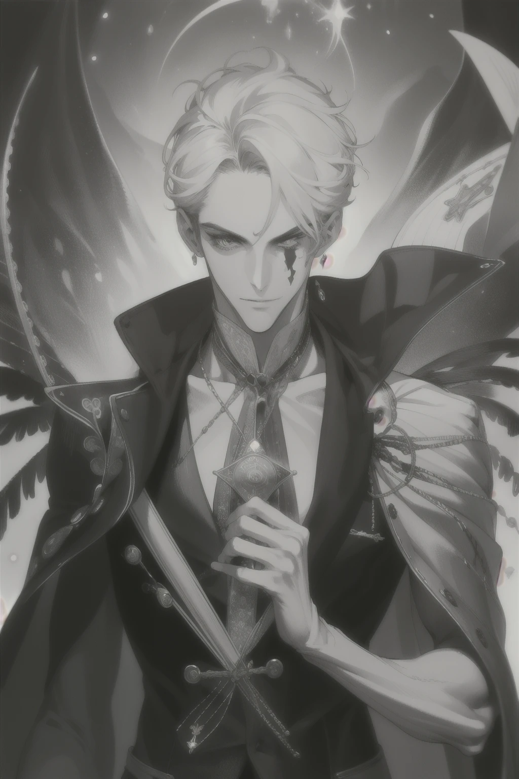 (disorganized, High resolution, super detailed), 1 male, adult, good looking, tall and muscular man, broad shoulders, small eyes and small face, fool \tarot\, bard, clown, symbolism, visual art, occult, universal, vision casting, philosophical, iconography, numerology, Popularity, Artistic,dial