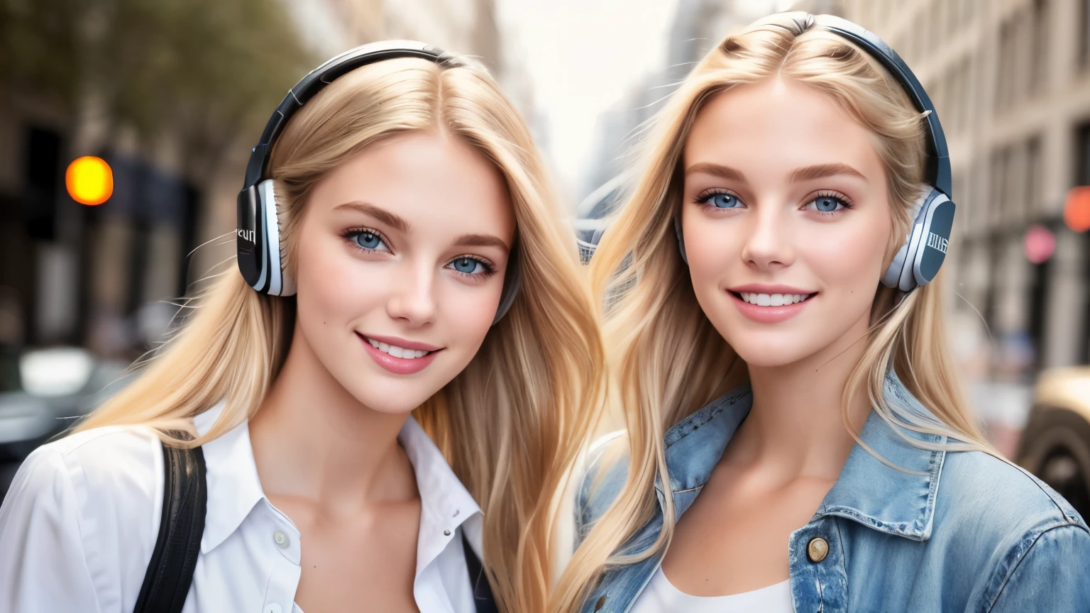 beautiful 18yo american supermodels walking, smiling, looking at viewer, slender figure, blonde, detailed face, realistic eyes, detailed eyes, facing straight at camera, fujifilm xt3, wearing AirPods, (headphone), (headphone), (smile), (smile)