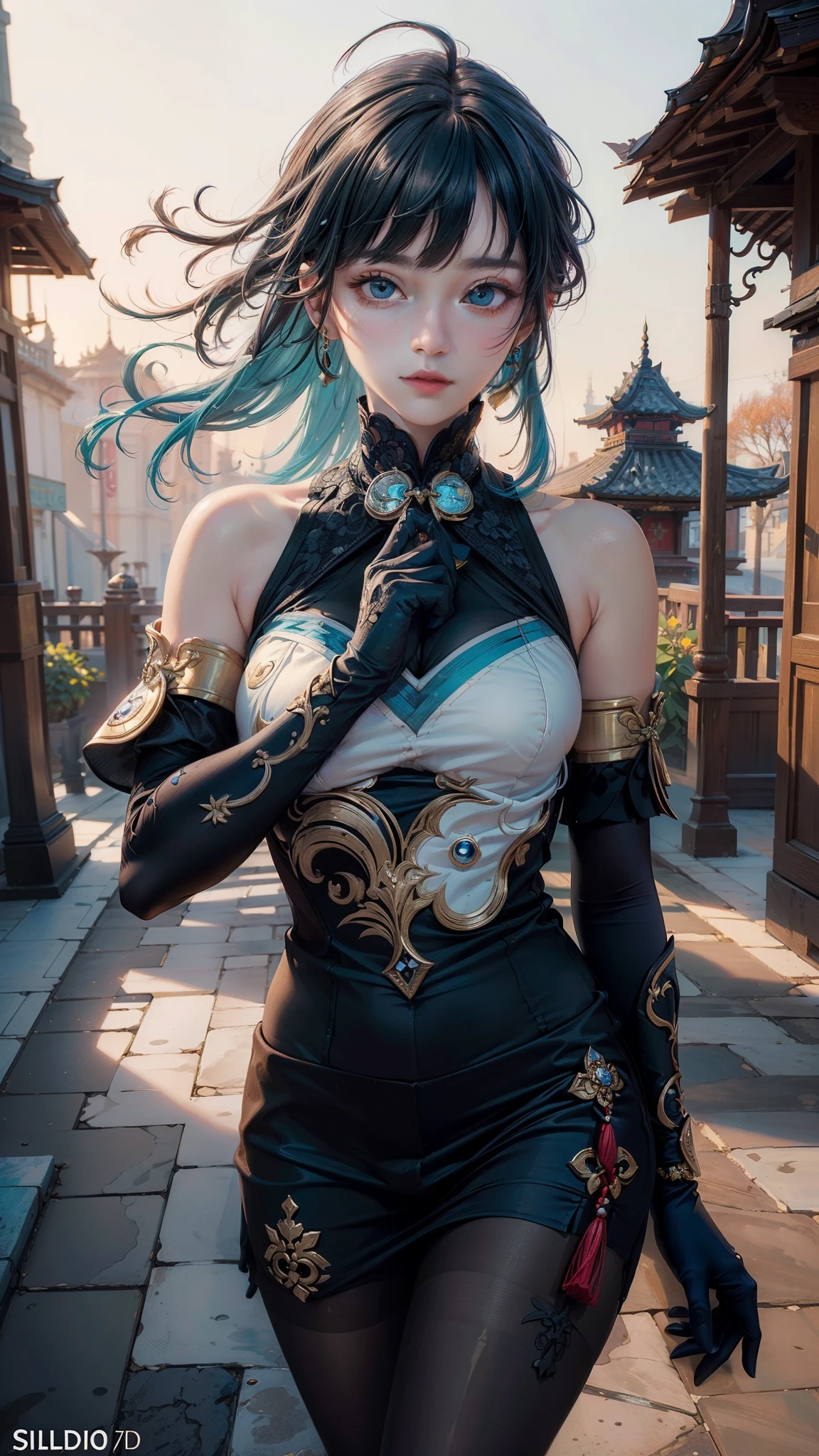 (photorealistic:1.4), (masterpiece, sidelighting, finely detailed beautiful eyes: 1.2), masterpiece*portrait, realistic, 3d face, 
ganyu \(genshin impact\), 1girl, ahoge, architecture, bangs, bare shoulders, bell, black gloves, black pantyhose, (blue hair)...