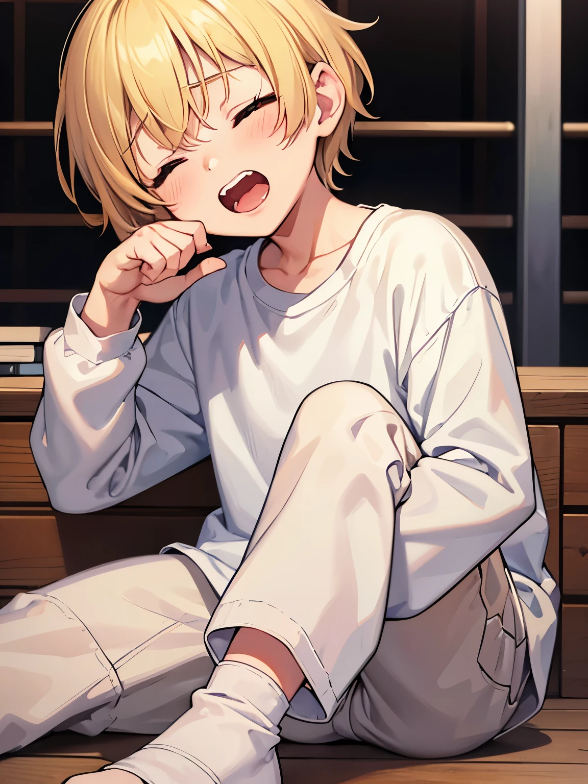 Baby boy,guy,1 years old,One eye closed,Short blonde hair,blue eyes,messy hair, wearing White t-shirt,plain t-shirt,long sleeve t-shirt, white shorts, Plain t-shirt,Sitting in prison,half body photo