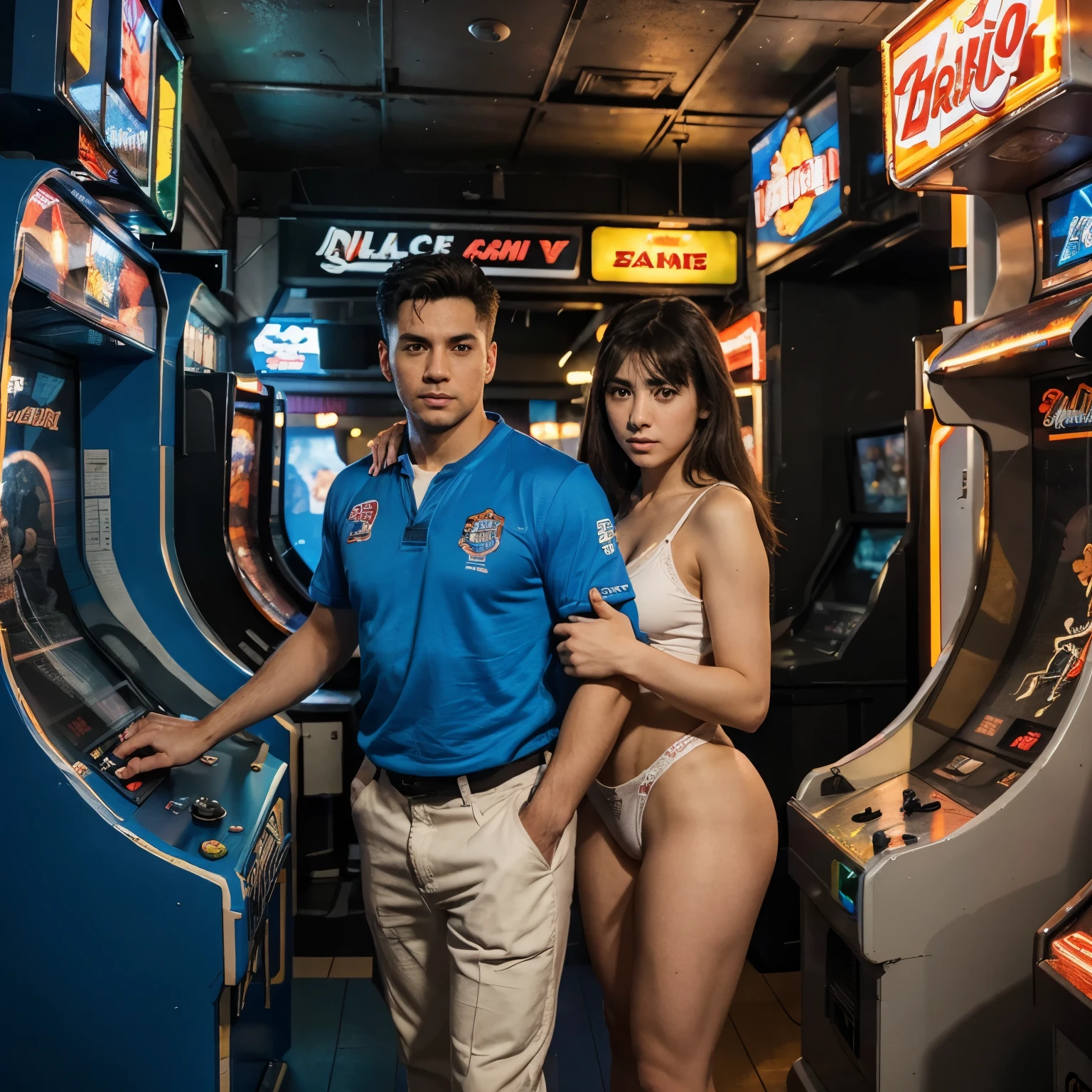 ((tmasterpiece)),((best quality)),((It's very detailed:1.3)),adult man and adult woman in popular 90s arcade arcade machine, Play Street Fighter fighting game with passion, Room with arcade and neon lights, neon lights, They stand in front of arcade machines with colorful displays, Showing attractive game visuals. There was a strong sense of nostalgia in the air. The arcade is brightly lit, The walls are decorated with classic game posters and three-dimensional game character models, in blue the adult man is holding the arcade joystick, Manipulating his character quickly and skillfully, Gorgeous combos and skills displayed on the screen, (Fang, Anime style, Wide shot, Sideways , 8K, Super detailed, accurate, Best quality, Anatomically correct, High resolution, Vibrant colors, Global illumination) INFORMATION