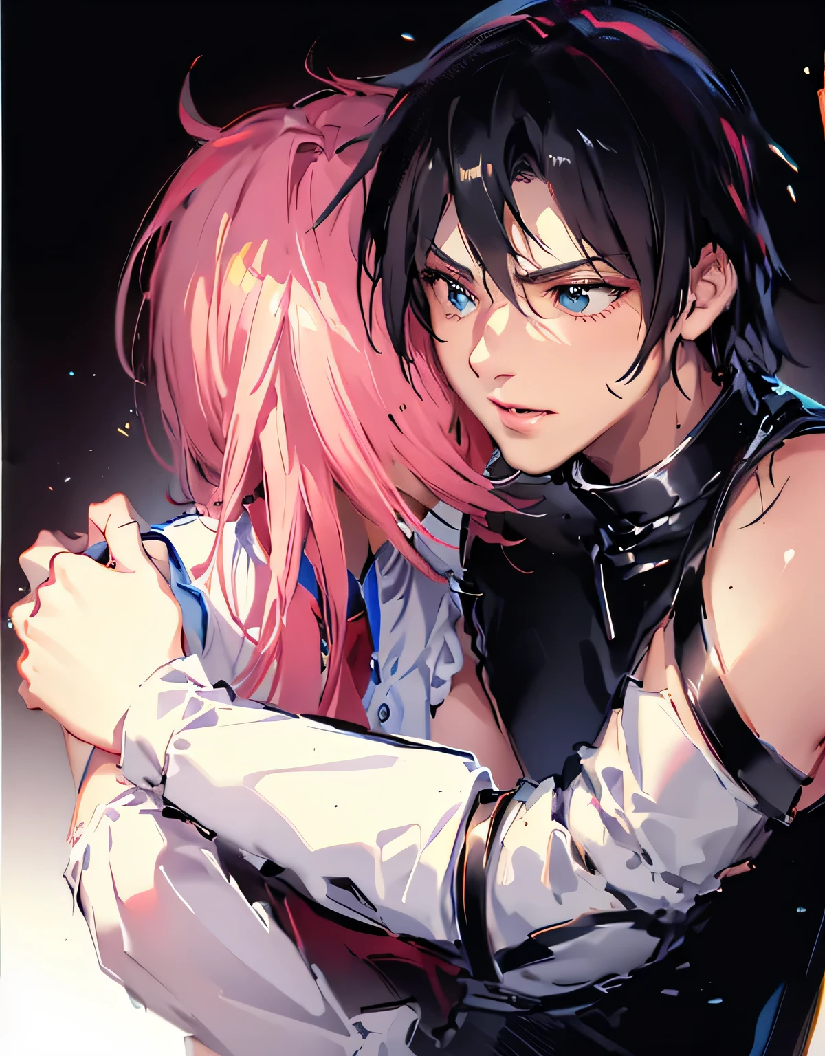 masterpiece,best quality,Super beautiful illustrations,The black-haired man has a serious expression,Wearing black leather armor,Girl holding pink hair,girl bare arms,wearing white shirt,