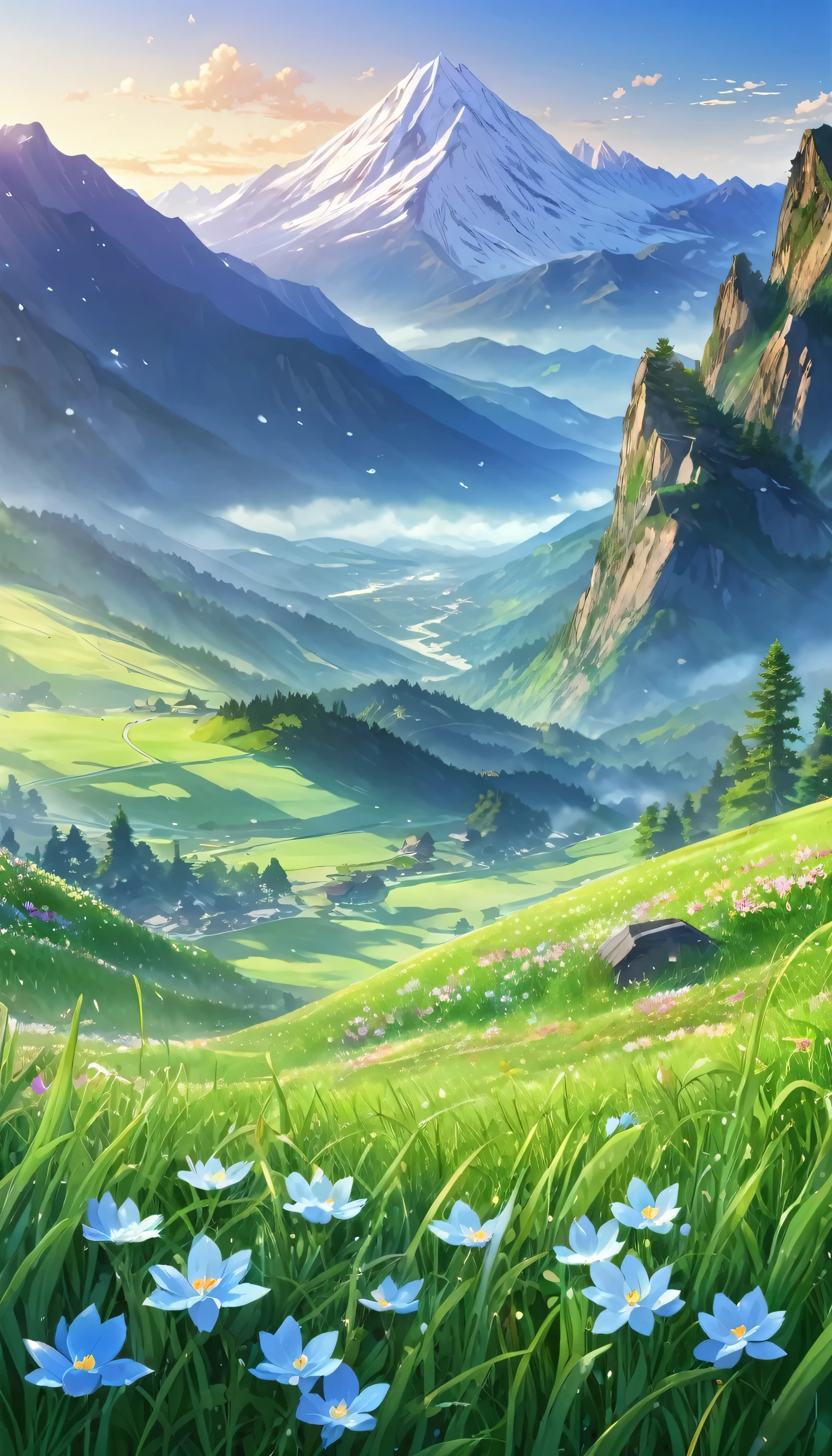 ((Masterpiece Anime)) Alpine morning, dew on grass, Mountain loom, guard over valey, Flower nodding, world waking, simple, serene alive 