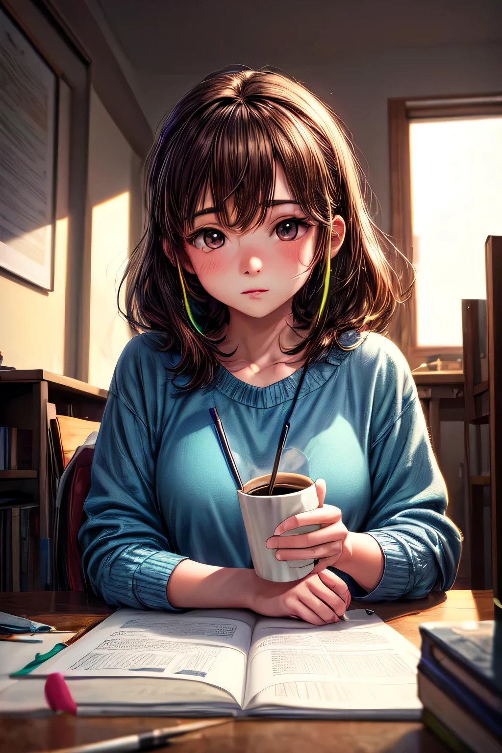 (younger girl studying with listening lo-fi music and drinking coffee, brown hair, Conceptual art, anime, motion lines, blending, best quality, UHD, vibrant colors, warm lighting, cozy atmosphere)
