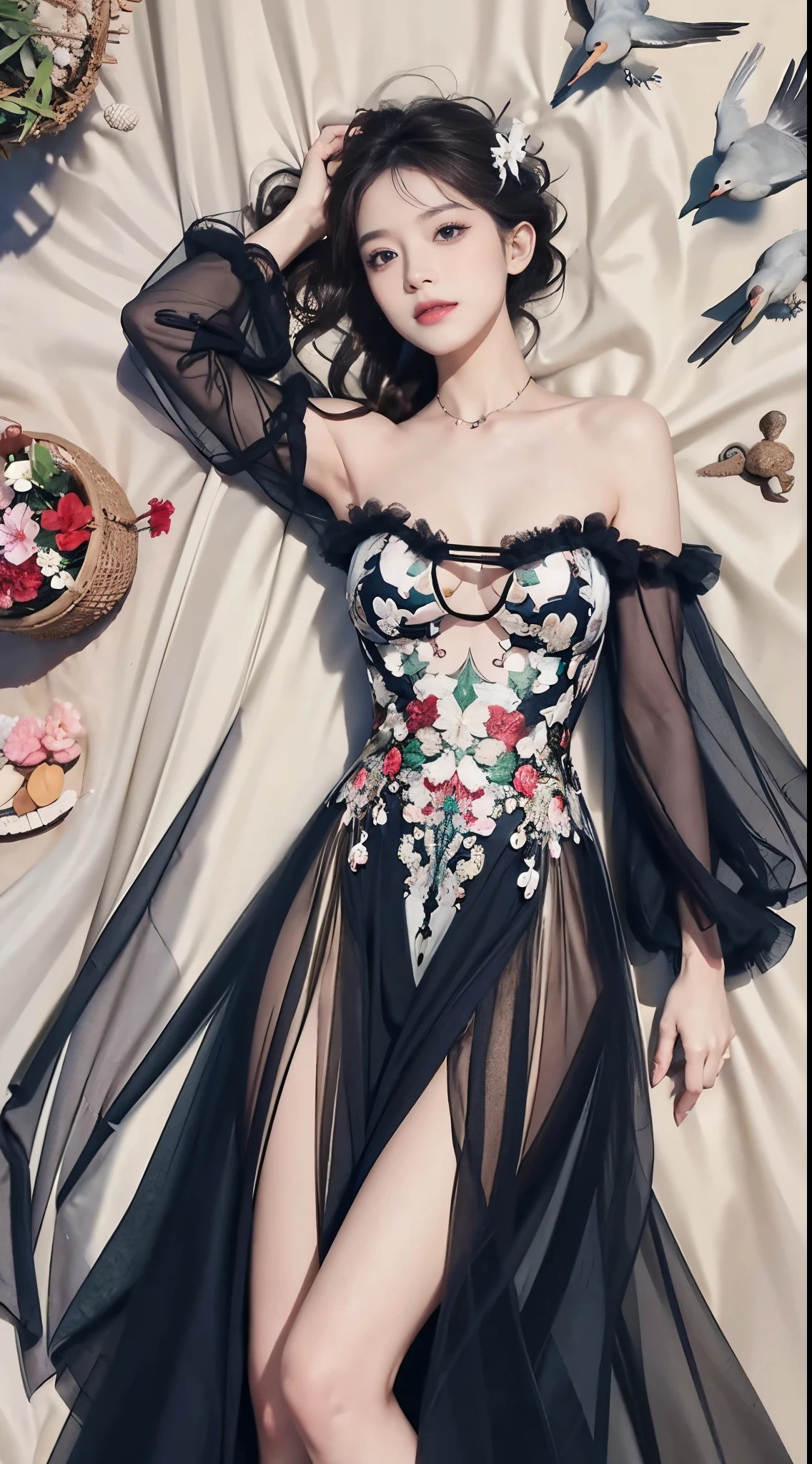 sh33rfl0r4l, long sleeves, black dress, off shoulder, bare shoulders, long dress, see-through, tulle dress, ((gufeng,bare shoulders)), ((full body)), realistic, fashi-girl, red lips, mature female, makeup, Big eyes, Pretty eyes, ((full body)), ((from below)), (best quality, masterpiece:1.2), ultra-detailed, (realistic:1.37), ((Sexy long legs)), beautiful, youthful, glamorous model with (detailed eyes, detailed lips, extremely detailed eyes), showcasing a radiant smile, creating a breathtaking depiction of a girl, Warm tones, extremely high color saturation, official art, extremely detailed CG unified 8k wallpaper,(High dynamic range :1.4), (cinematic),(soft colors, dull colors, soothing tones :1.3), (natural skin texture, ultra-realistic, soft light, sharp),(very detailed), Night, moonlight, ((In the mountains, plants, leaning against the rocks))