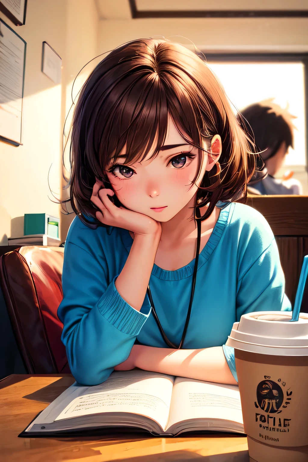 (younger girl studying with listening lo-fi music and drinking coffee, brown hair, Conceptual art, anime, motion lines, blending, best quality, UHD, vibrant colors, warm lighting, cozy atmosphere)