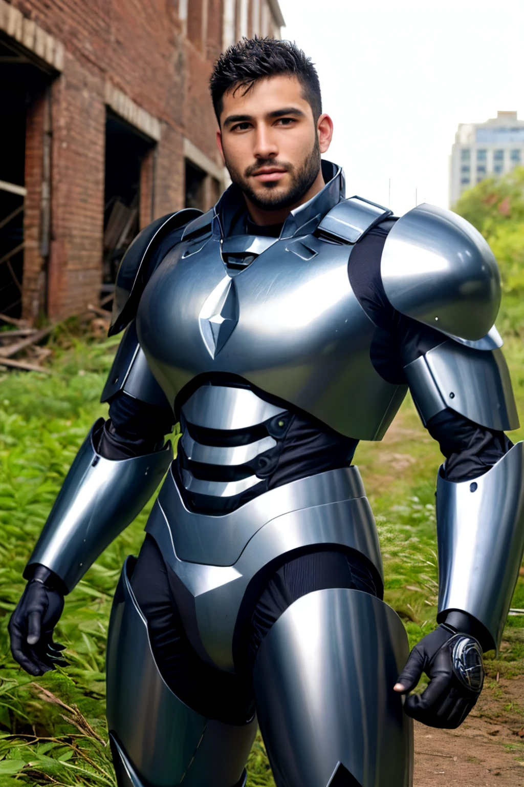 Arad man in gray, black and white clothes kneeling in desolate ruins with his head in his hands, muscle male hero, Buzz Cut, heroic male pose, tall and burly, muscular! Wearing black sunglasses with sad expression, stealth suit, symmetrical pattern texture design, super buff and cool, high resolution committee, character design police, black military boots, attractive strong male with armor