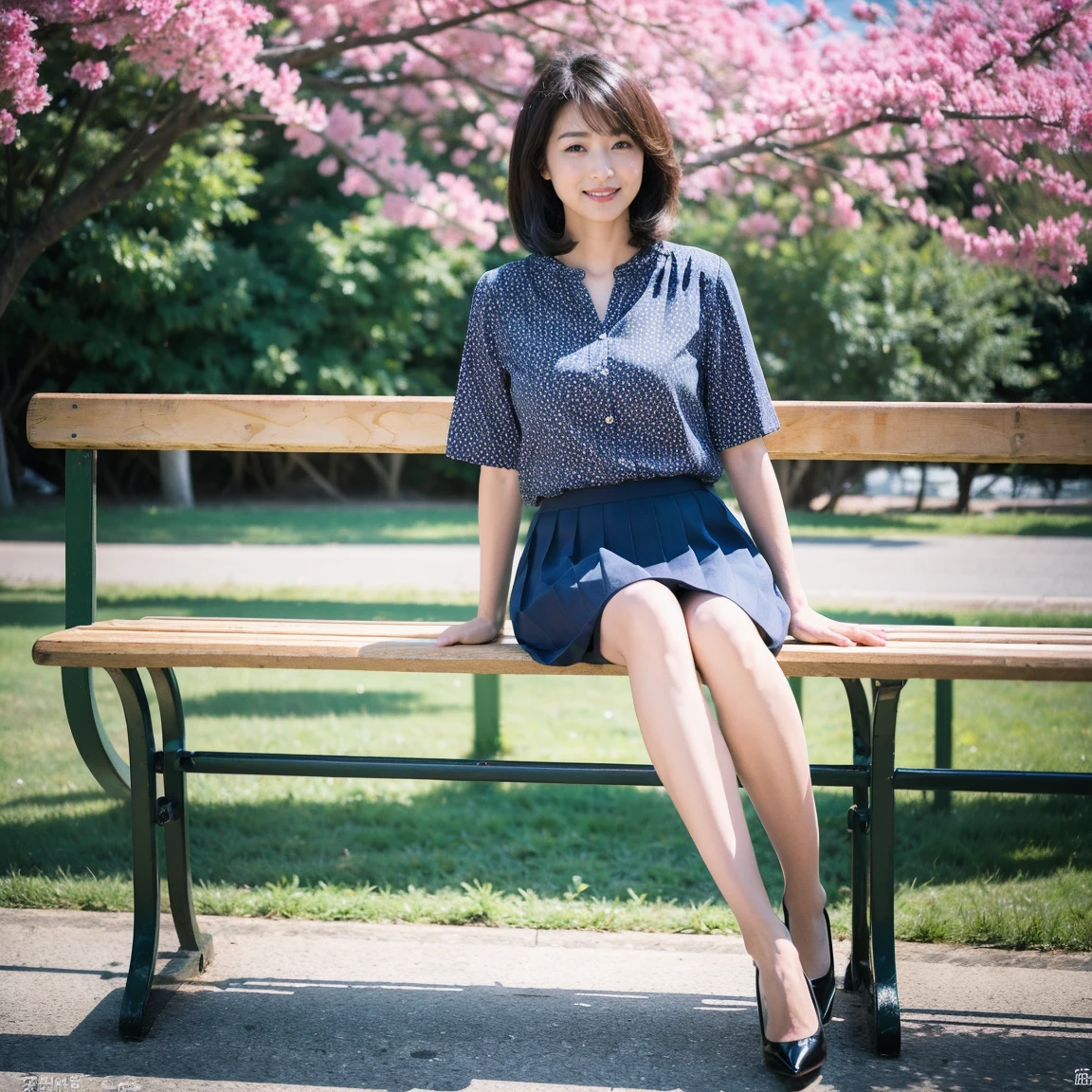 ((highest quality、8K、masterpiece:1.3))、Photoreal, sharp focus, High level image quality, High resolution, portrait, alone, japanese woman, Beautiful woman,  short sleeve blouse、skirt、33 years old, semi-long、sitting on a park bench、looking here、smile、Heel