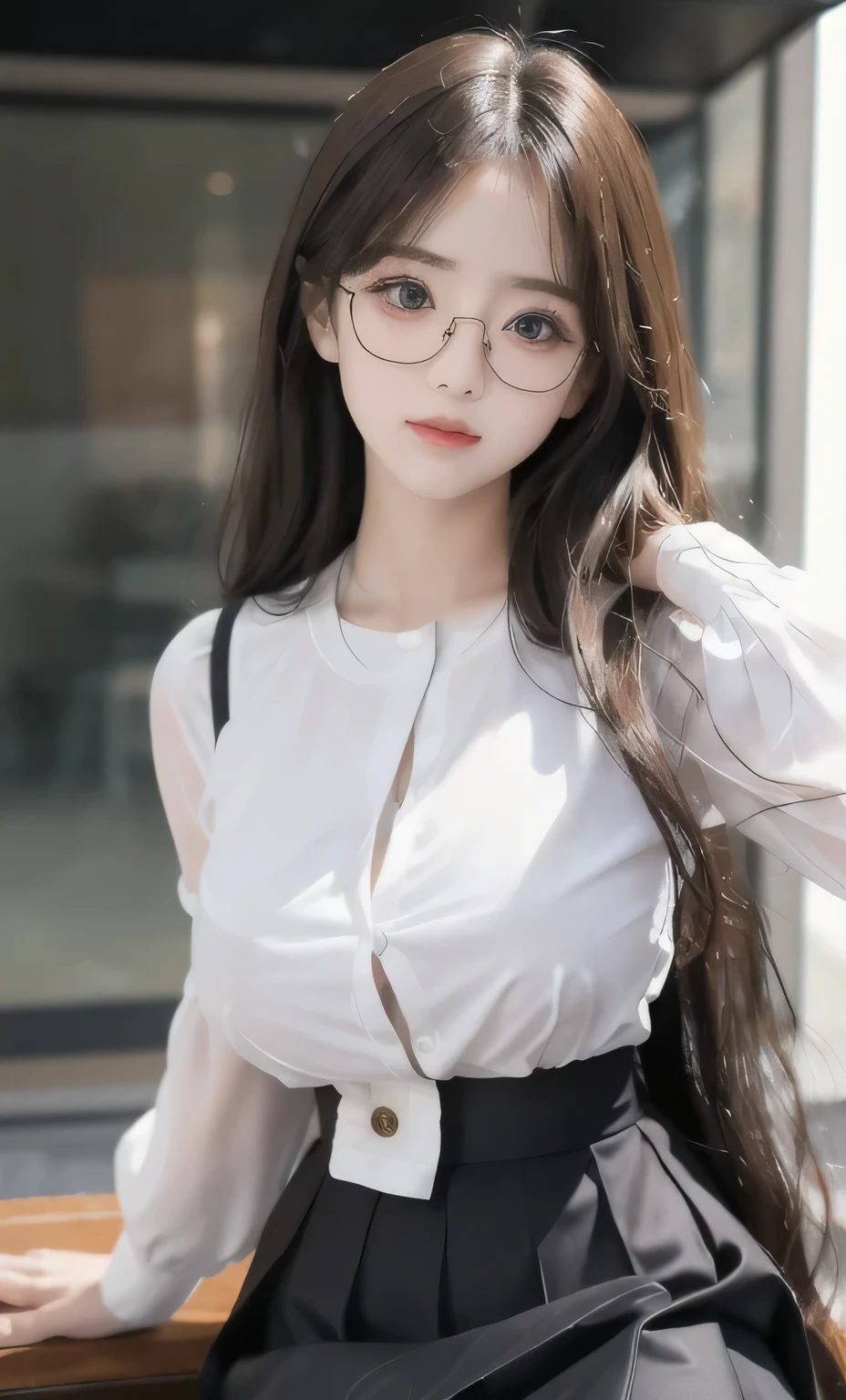 ulzzang-6500-v1.1, (original photo:1.2), (lifelike:1.4), Beautiful and delicate girl, Very detailed eyes and face, beautiful and delicate eyes, ridiculous, incredibly ridiculous, File size is large, super detailed, High resolution, Very detailed, best quality, masterpiece, ((Fashion clothing,Various colors)), illustration, Very detailed, CG, unity, 8k wallpaper, amazing, fine details, masterpiece ,best quality, Very detailed CG uniform 8k wallpaper, There is light on the face, movie lighting, 1 girl, long white hair, side splits, (big breasts), (No)), (Glasses), ((dynamic poses))), ((sexy pose))), (camel toe), (half), (pantyhose)), ((black hip skirt))