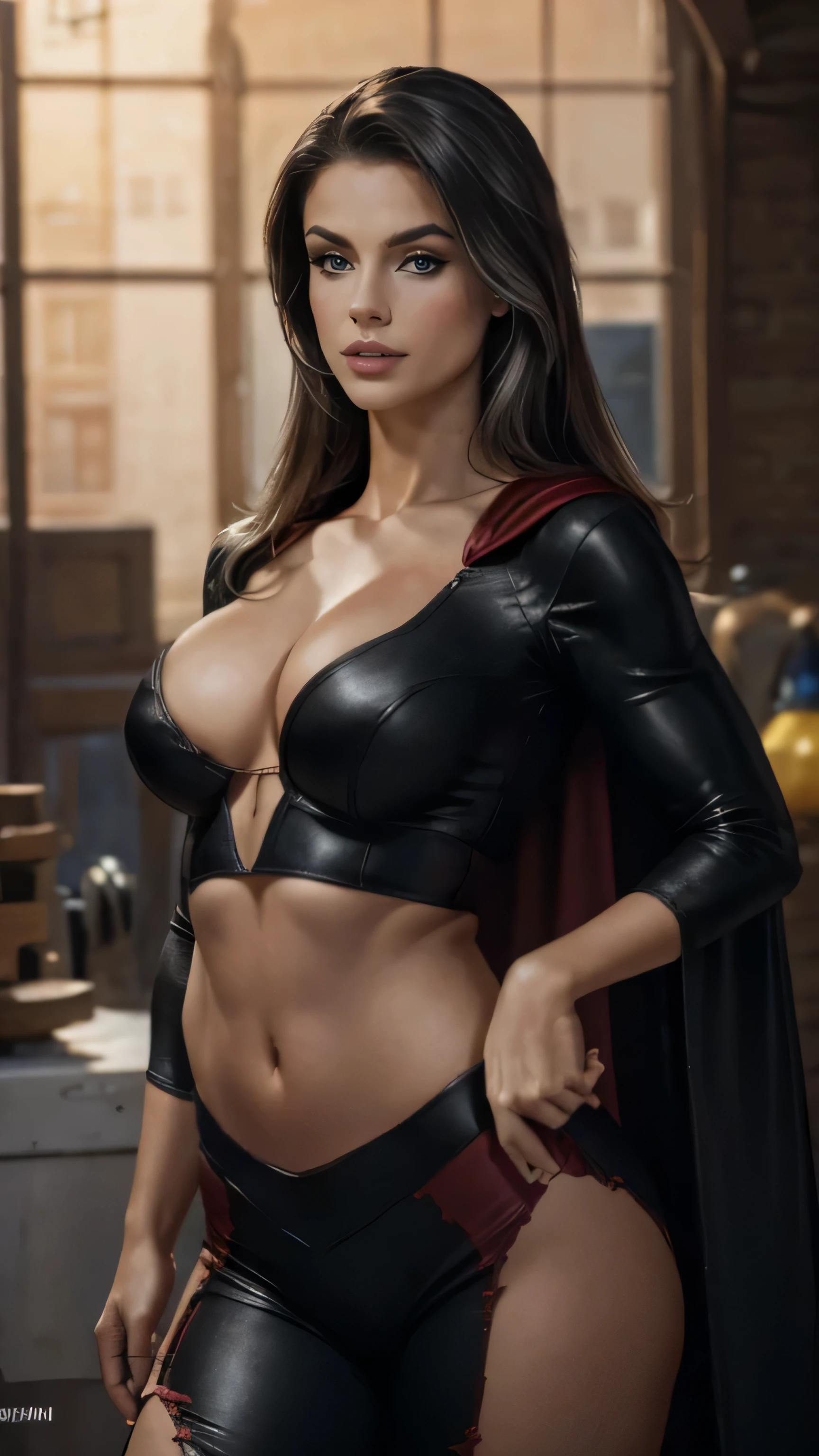 (best quality,4k,8k,highres,masterpiece:1.2),ultra-detailed,(realistic,photorealistic,photo-realistic:1.37), vivid colors, bokeh, HDR, studio lighting, extreme detail description, physically-based rendering, ultra-fine painting, sharp focus, professional, portraits, sexy supergirl, beautiful detailed eyes, beautiful detailed lips, green eyes, short black hair, black and silver outfit, red cape with a midriff, , UHD 8K