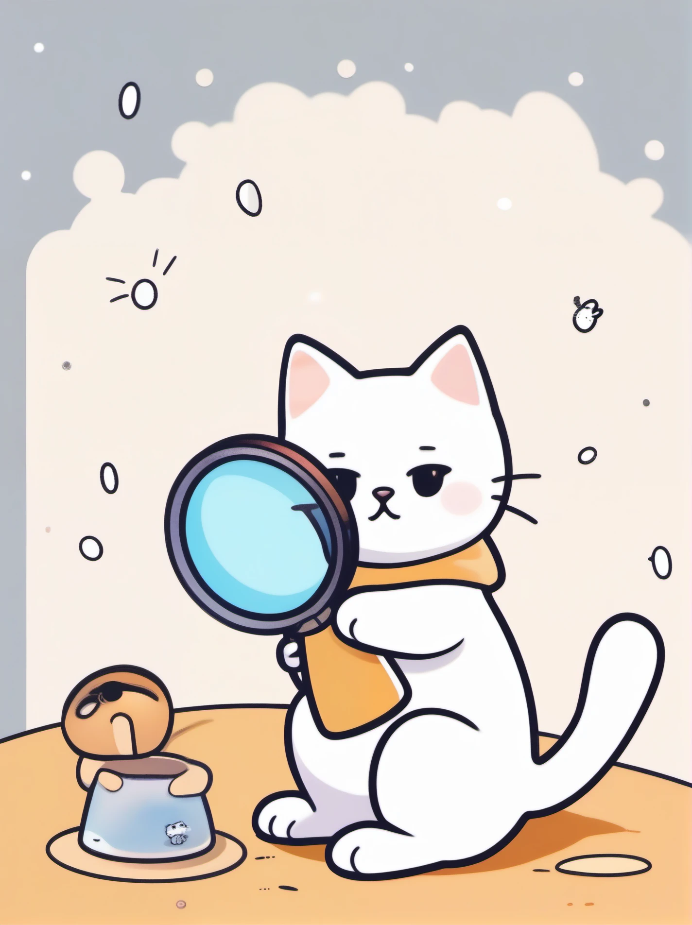 Cute comics, Cat, short hair, Simple background, Keep Cat, Keep, Keep animal,white Cat, black eyes, animal,Paw holding magnifying glass，Cat细致，Naughty expression，Perfect anime illustration