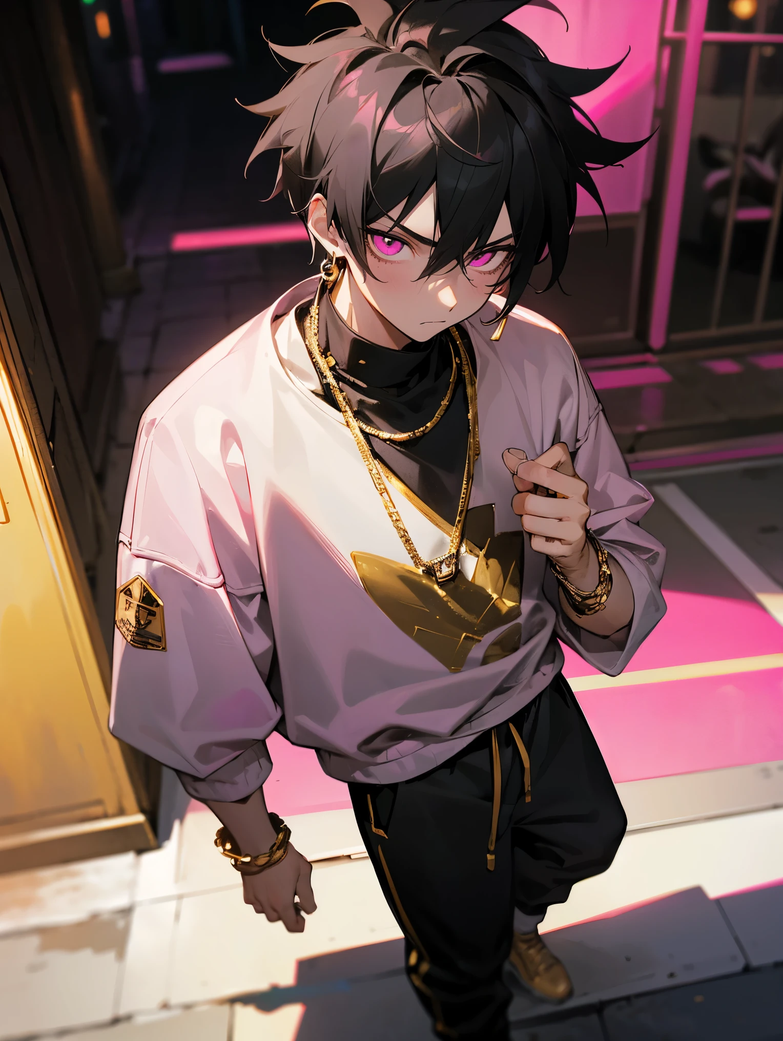 1male , Pink Eyes , Messy Black Hair , Emotionless Expression ,Black Sweatpants, Diamond Earrings, Multiple Gold Chain Necklaces, Pink T-Shirt , Baggy White Jacket , Facing Viewer , Standing on sidewalk , Bright Lighting