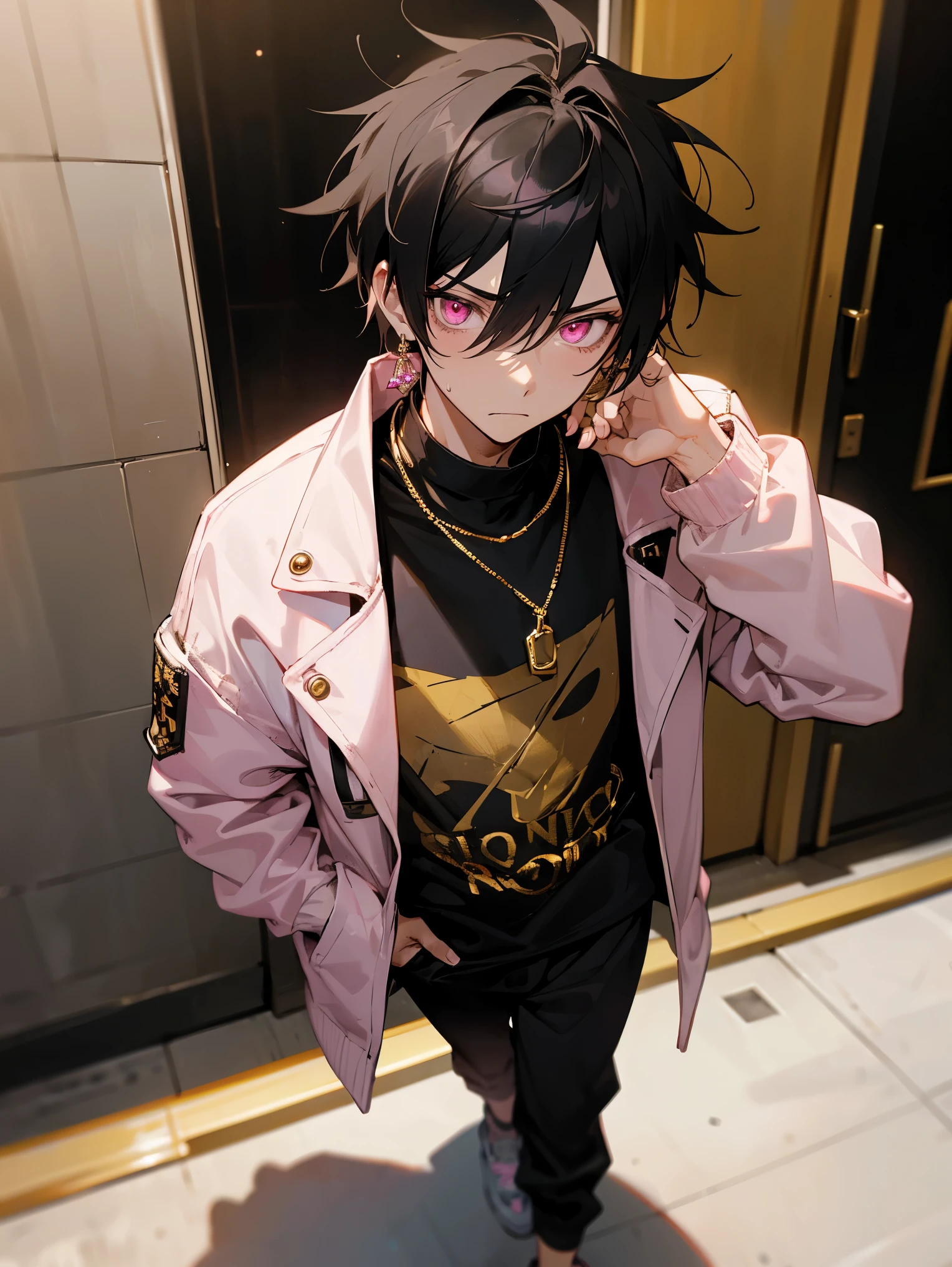 1male , Pink Eyes , Messy Black Hair , Emotionless Expression ,Black Sweatpants, Diamond Earrings, Multiple Gold Chain Necklaces, Pink T-Shirt , Baggy White Jacket , Facing Viewer , Standing on sidewalk , Bright Lighting
