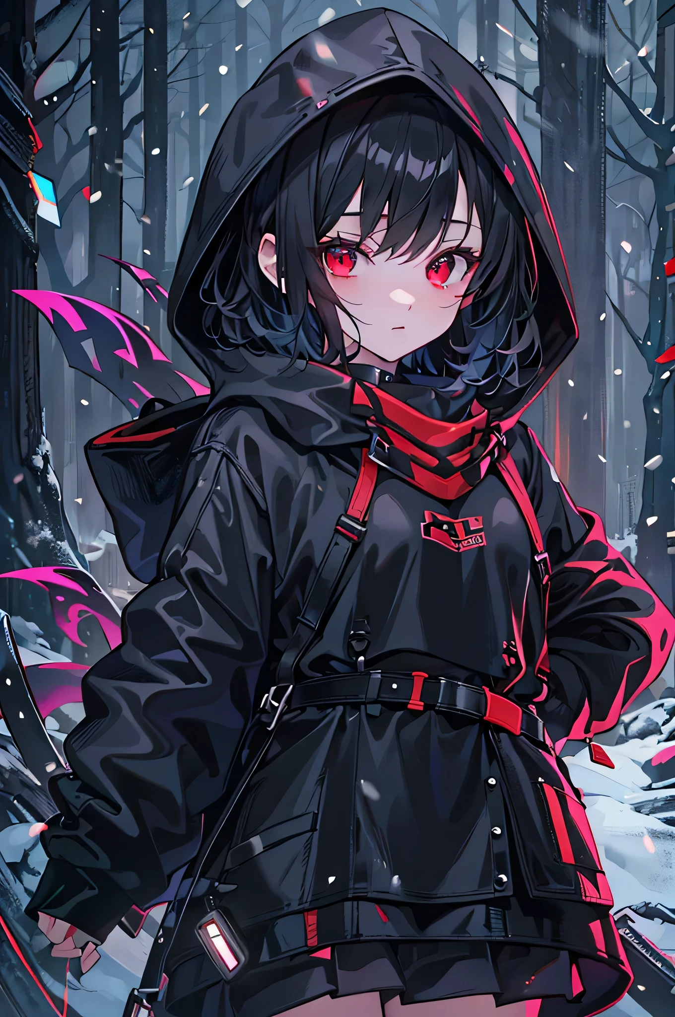 (Best image quality、Super detailed CG unified 8k wallpaper、masterpiece)blood red eyes, black hair, black platform boots, Short hair details, Black thigh socks, hair covering one eye, black hoodie, black thigh strap, black belt,night,black skirt,forest full of snow,