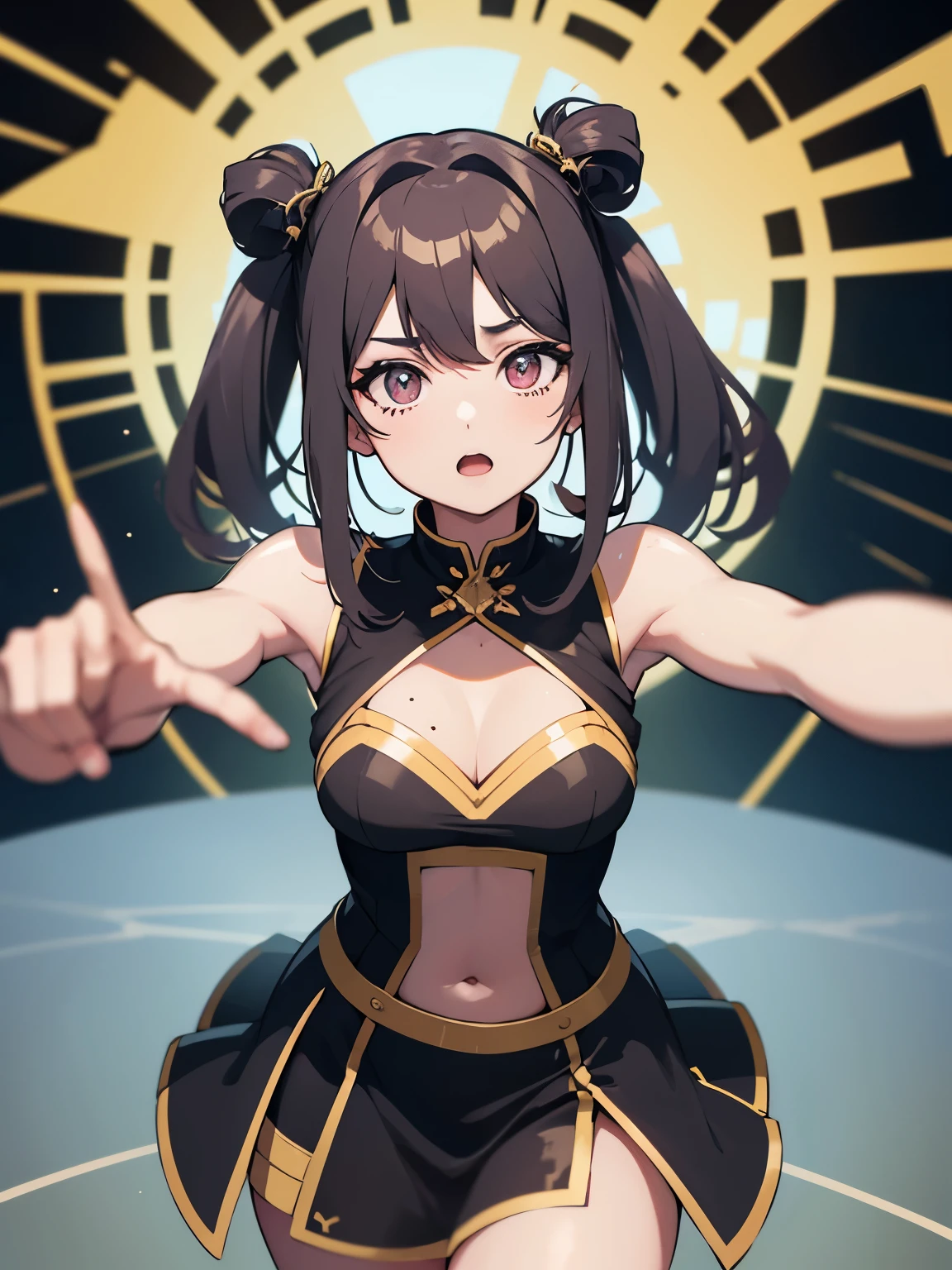 ANIME STYLE ....Ultra quality, NO ray tracing, not many reflections, good details, good embroidery, blurred background, 1 chica, solo, desierto, Egipto, Bottom pyramids.....Chica momia, Zombie, piel gris, vendajes por todo el cuerpo menos en los pechos ,Busto descubierto, pechos grandes, pezones descubiertos, descalza, ojos rojos, pelo corto negro, cara confundida mirando a espectador ...CHICA MOMIA