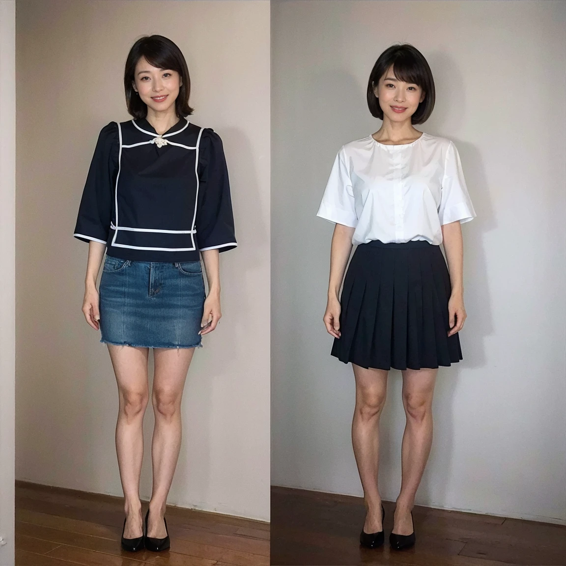 ((highest quality、8K、masterpiece:1.3))、Photoreal, sharp focus, High level image quality, High resolution, portrait, alone, japanese woman, Beautiful woman,  short sleeve blouse、skirt、33 years old, semi-long、Are standing、leaning forward position、looking here、The gesture of combing your hair、smile、high heels