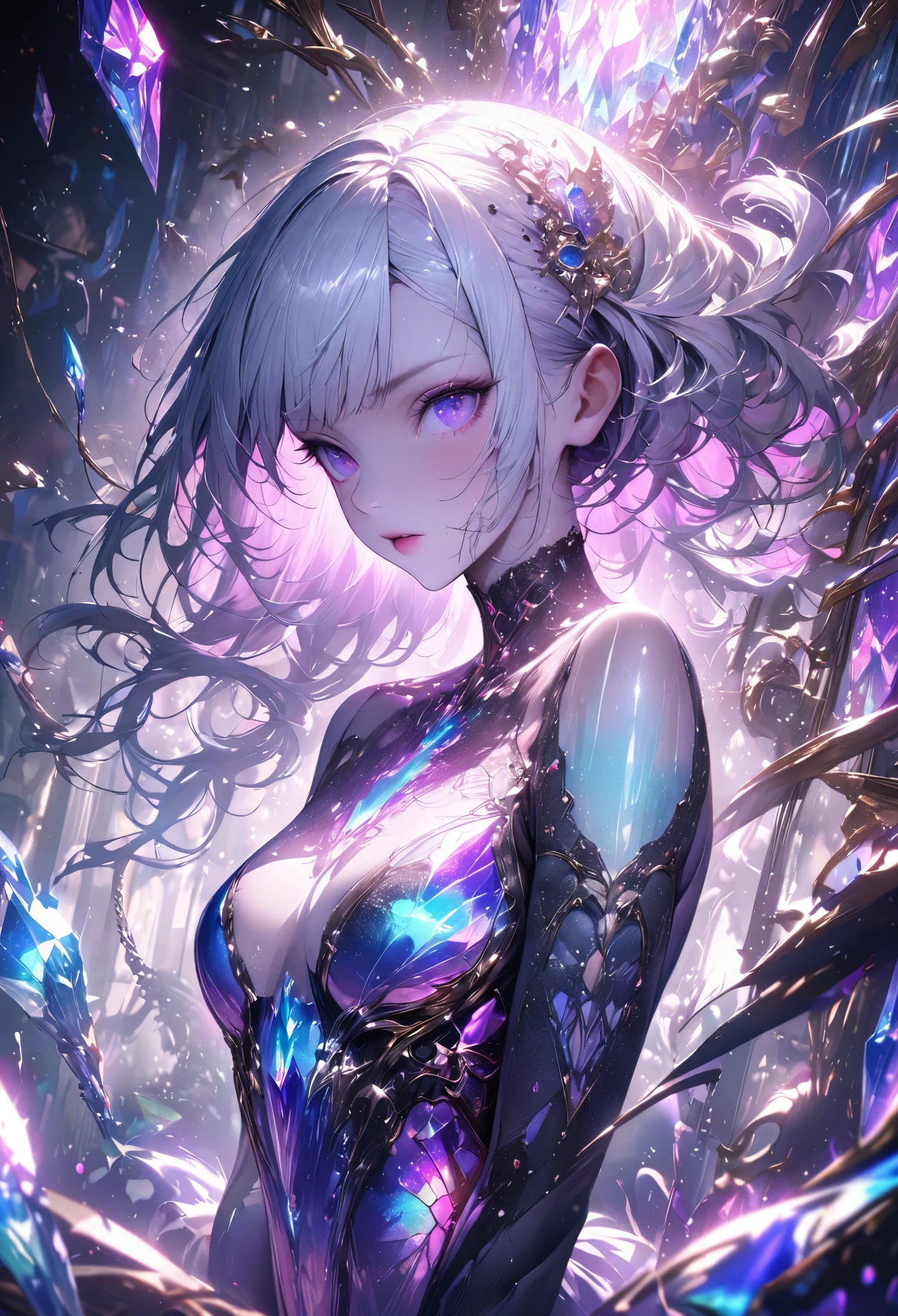 crystal covered, upper body, side shot, alternate color, masterpiece, detailed illustration, realistic, pixiv top quality, exquisite, {{{kawaii 1girl}}}, ultra beauties who fuse with machines, elaborate shabby chic pattern, glitter beautiful female, Half of my body is made of machines, transparent glass body, The machines inside the body are transparent, cinematic lighting, dynamic angle, dynamic pose, crystal world, depth of field