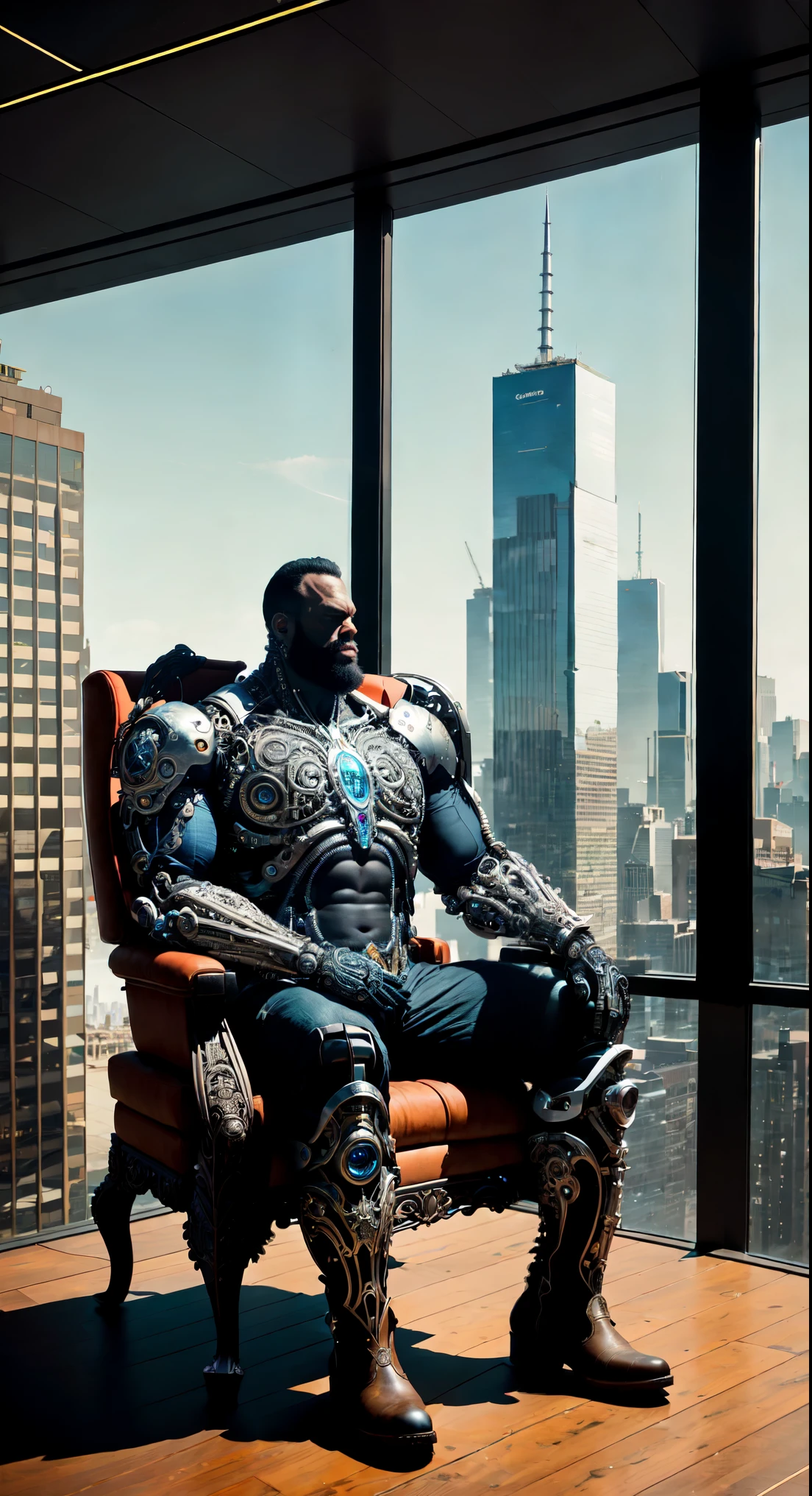a skyscraper office in the big city, the cyborg man sits in a luxurious chair, heavy man boots, high quality, absurdres, masterpiece, beautiful, intricate details, 1/2 body crop, slim body, beautiful figure, magnificent anatomy, (intricate details:1.12), HDR, (intricate details, hyper-detailing:1.15), (natural skin textures, hyper realisitc, soft light, Sharp:1.2)