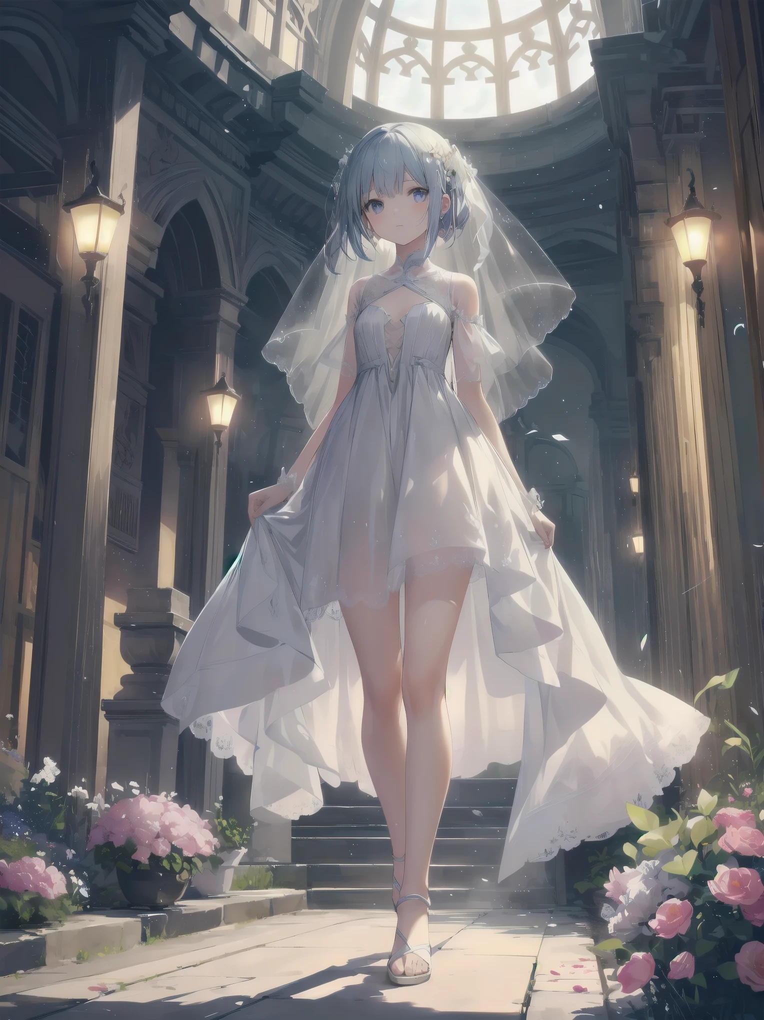 In this scene, a young girl is strolling through a heavenly garden. Her dress is neat and clean, meticulously crafted with multiple ruffles and lace, and feels fluffy, as if she is walking in a dream. The dress has a fantastic glow of interwoven light particles that harmonize with the surrounding fluorescent flowers and colorful glowing steam. The garden is so beautiful that it belongs in a fantasy world, symbolizing the serenity and peace of heaven. Tiny light particles appear at the girl's feet, glowing with her steps and illuminating her path.