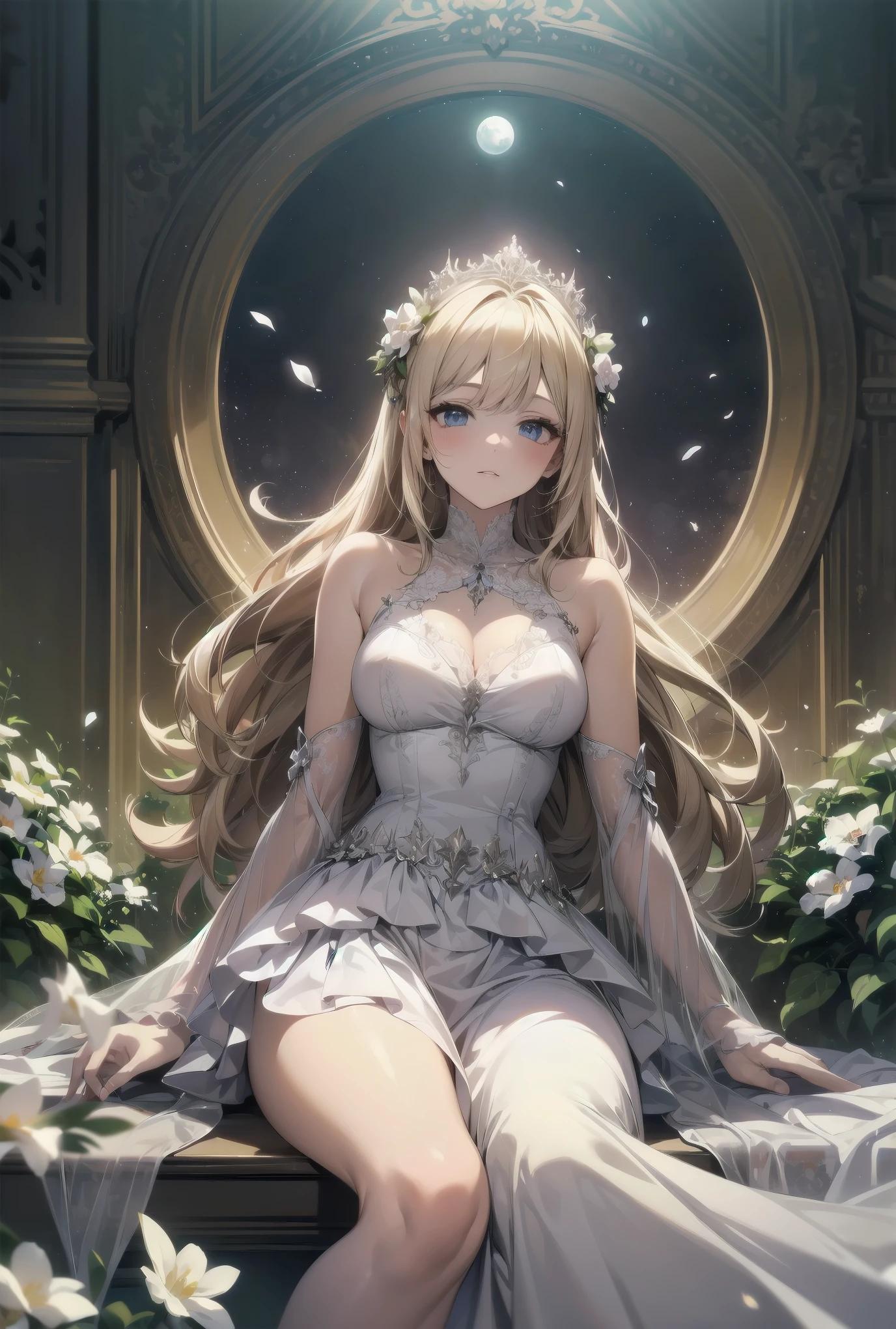 "Bathed in the soft glow of luminescent flowers, a young girl wearing a voluminous white gown adorned with layers of frilly lace sits on a marble bench in a serene garden. The air is filled with tiny, glowing orbs that reflect off the petals of the flowers and the fabric of her dress, giving the impression of a dreamlike fairytale setting. A sense of tranquility permeates the scene, emphasizing the peaceful nature of this celestial paradise."
