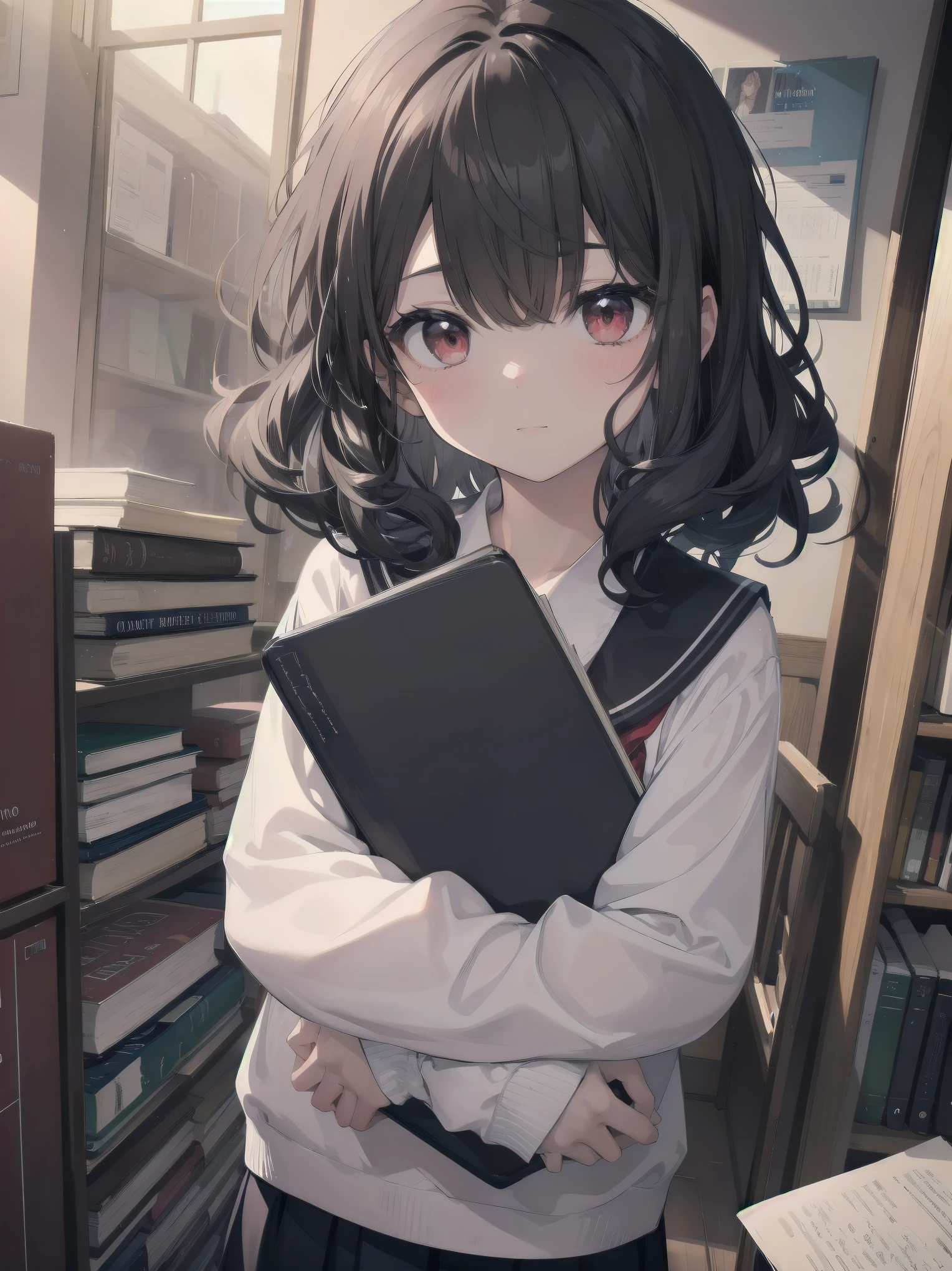 Masterpiece, high quality illustration, adorable cute schoolboy, crusty eyes, curly hair, soft hair, cute bangs, red eyes, soft and fluffy black and white, hugging a book, adorable, detailed description
