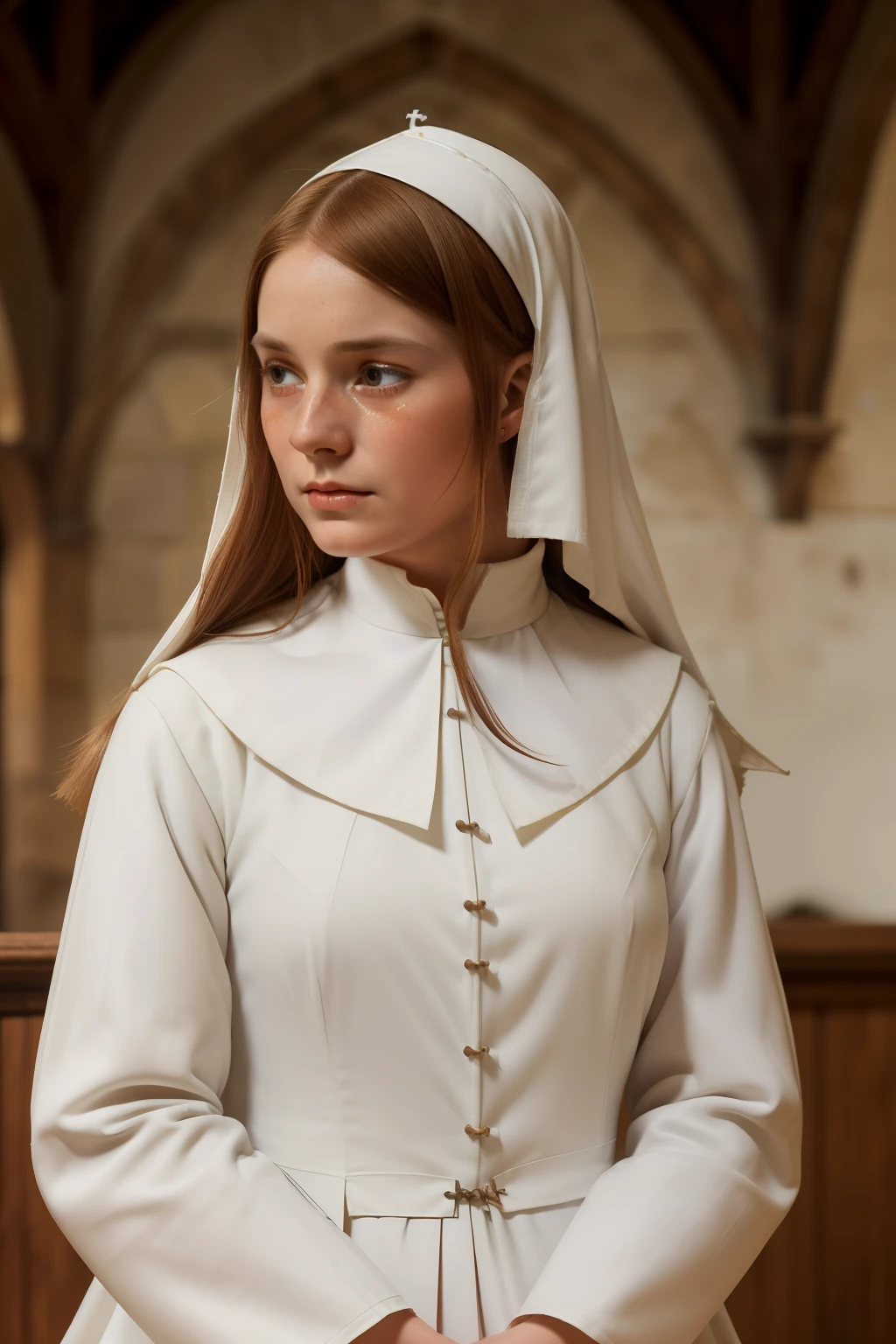 England, 1346. A young ((((29-year-old)) Caris Wooler)), attractive, expressive eyes, in the convent, ((grief expression, crying)). (((clothings from the 1340s, white uniform)))), ((light chestnut hairstyle of the 1340s))