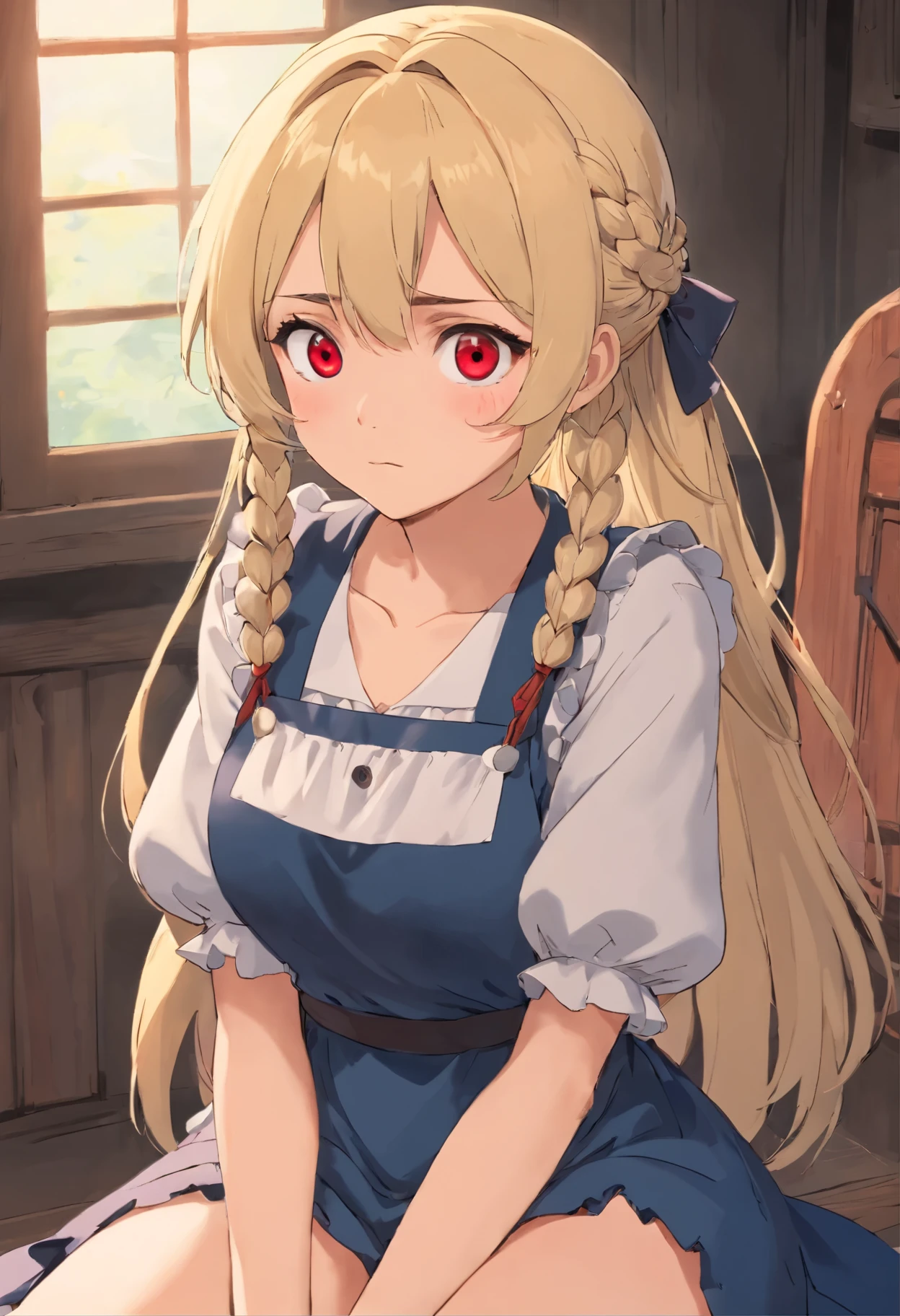 (Masterpiece: 1. 2), (Top quality: 1. 2), Perfect eyes, Perfect face, Perfect lighting, Mountain horizon, Beautiful girl like boy, Blonde hair, Upper body, Cleavage, Red eyes, (((( one eye ))))), Braids, Side ponytail, Pastiched bangs, Bobbed hair, Stupid hair, Cute eyes, Best breasts, (From bottom), Raw description, orgasm, scary, erotic bitch virgin, angry, from side, bewitching, gothic maid, sitting, crossed arms, (from top: 1. 3),.