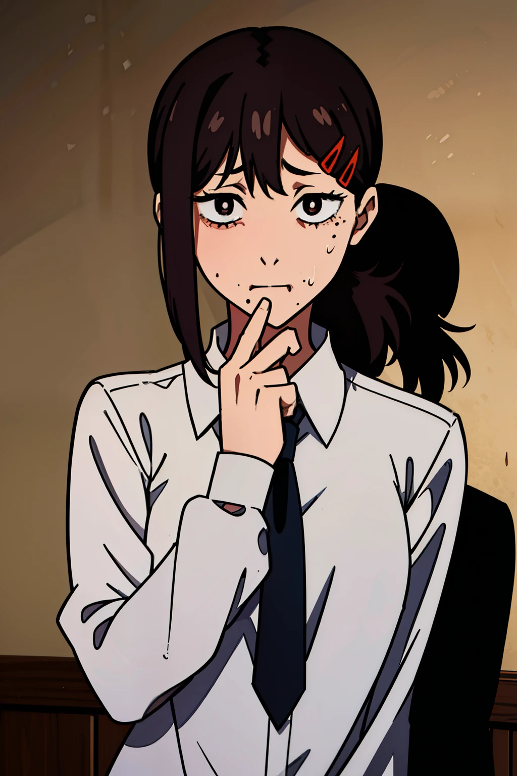 absurd, High resolution, super detailed, 1 girl, Kobeni, white collared shirt, tie, Blood on clothes, nervous, open your mouth, Sweat, Put your own hands together, constricted pupils, dark room, (dark, darkness, pitch black, shadowy, shadowy顔),