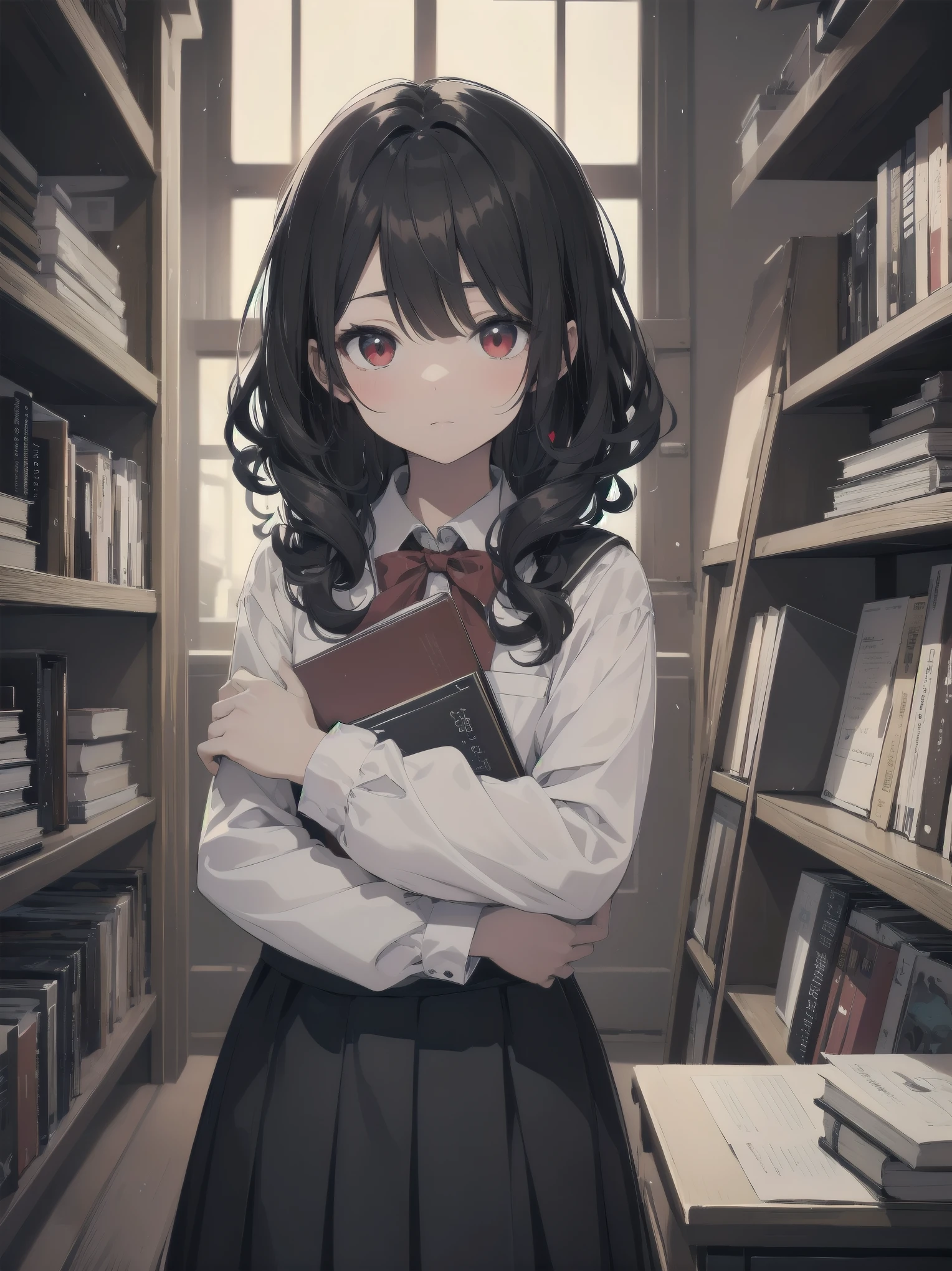 Masterpiece, high quality illustration, adorable cute schoolboy, crusty eyes, curly hair, soft hair, cute bangs, red eyes, soft and fluffy black and white, hugging a book, adorable, detailed description