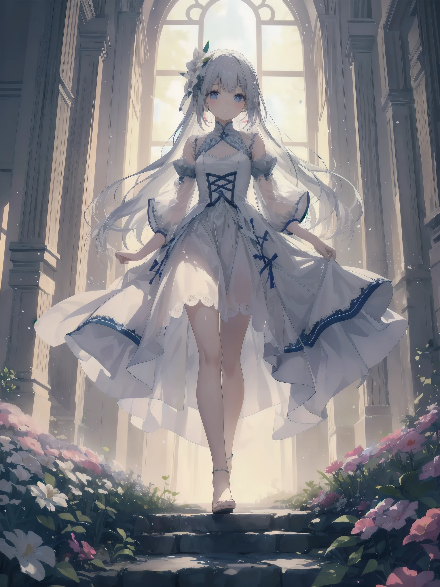 In this scene, a young girl is strolling through a heavenly garden. Her dress is neat and clean, meticulously crafted with multiple ruffles and lace, and feels fluffy, as if she is walking in a dream. The dress has a fantastic glow of interwoven light particles that harmonize with the surrounding fluorescent flowers and colorful glowing steam. The garden is so beautiful that it belongs in a fantasy world, symbolizing the serenity and peace of heaven. Tiny light particles appear at the girl's feet, glowing with her steps and illuminating her path.