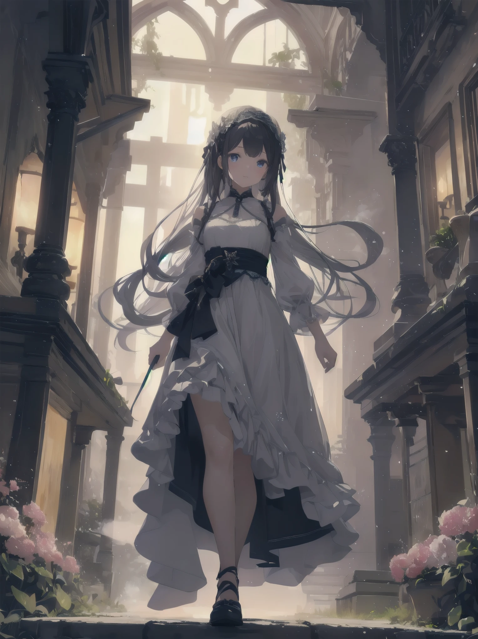 In this scene, a young girl is strolling through a heavenly garden. Her dress is neat and clean, meticulously crafted with multiple ruffles and lace, and feels fluffy, as if she is walking in a dream. The dress has a fantastic glow of interwoven light particles that harmonize with the surrounding fluorescent flowers and colorful glowing steam. The garden is so beautiful that it belongs in a fantasy world, symbolizing the serenity and peace of heaven. Tiny light particles appear at the girl's feet, glowing with her steps and illuminating her path.