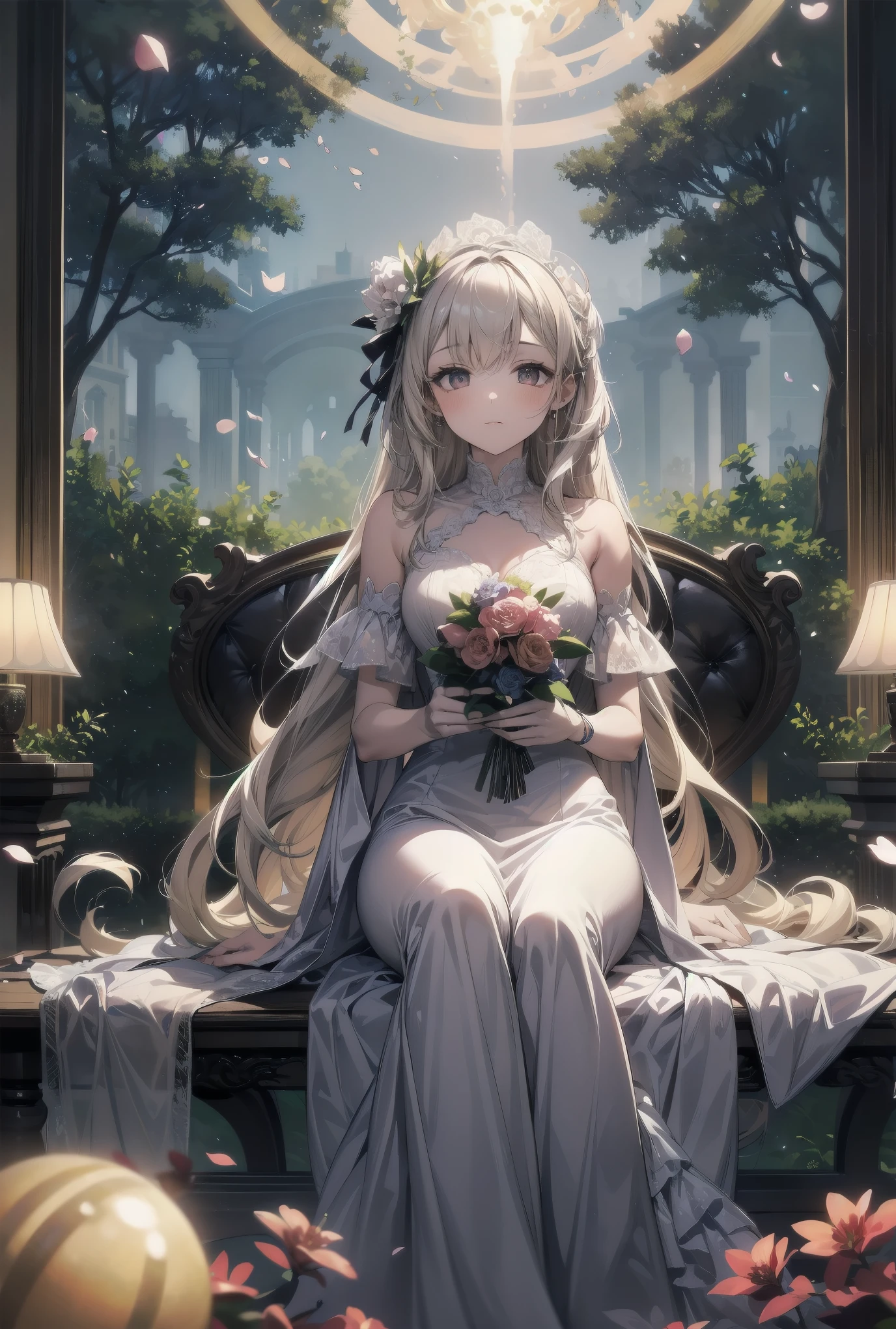 "Bathed in the soft glow of luminescent flowers, a young girl wearing a voluminous white gown adorned with layers of frilly lace sits on a marble bench in a serene garden. The air is filled with tiny, glowing orbs that reflect off the petals of the flowers and the fabric of her dress, giving the impression of a dreamlike fairytale setting. A sense of tranquility permeates the scene, emphasizing the peaceful nature of this celestial paradise."
