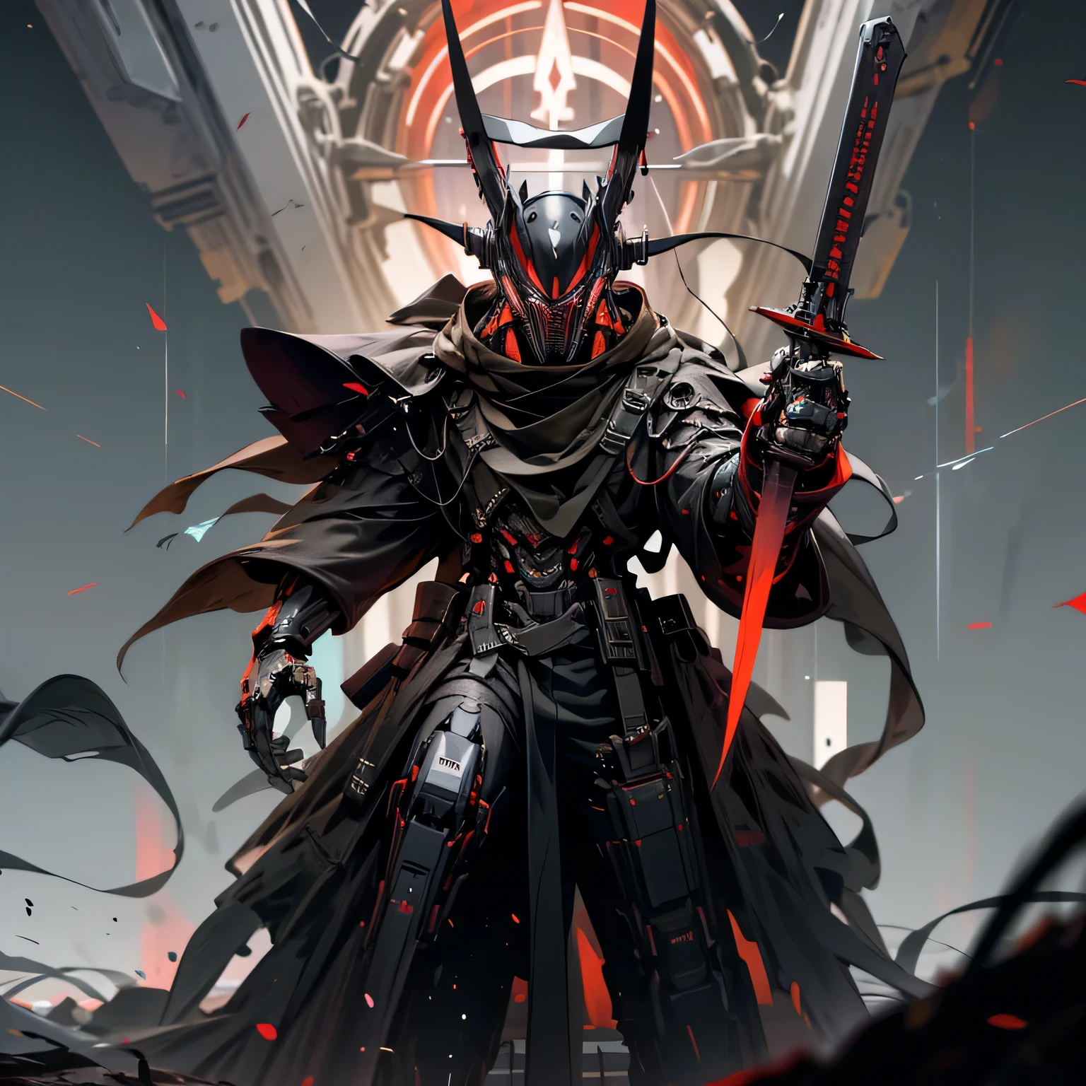 best quality, masterpiece, ultra high res, photorealistic, humanoid soul reaper, usedsickle weapon, dressed white and red, necromancer aura, fight pose.